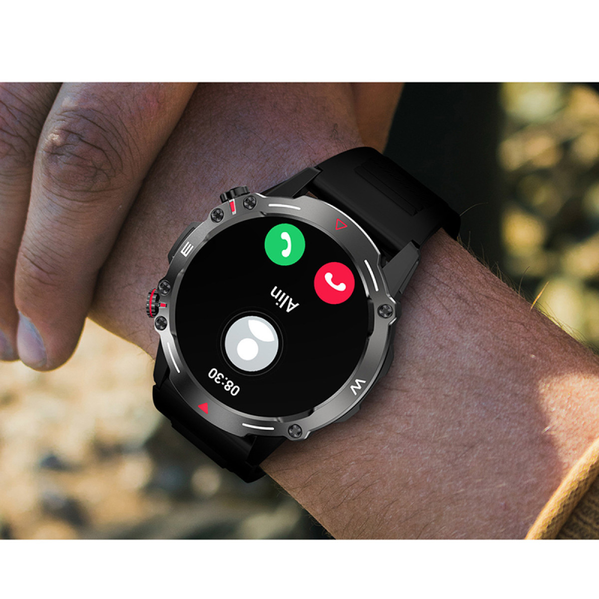 Smartwatch pokazujący ekran połączenia z 'Ailin' i przyciskami połączeń.