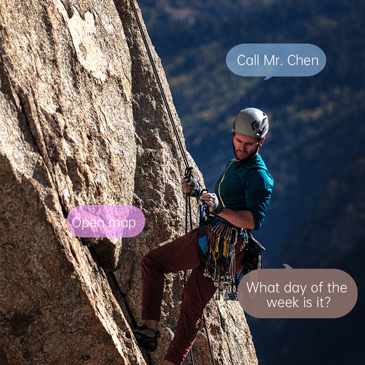 Wspinacz skałkowy na ścianie skalnej z dymkami z pytaniami. Tło to błękitne niebo.