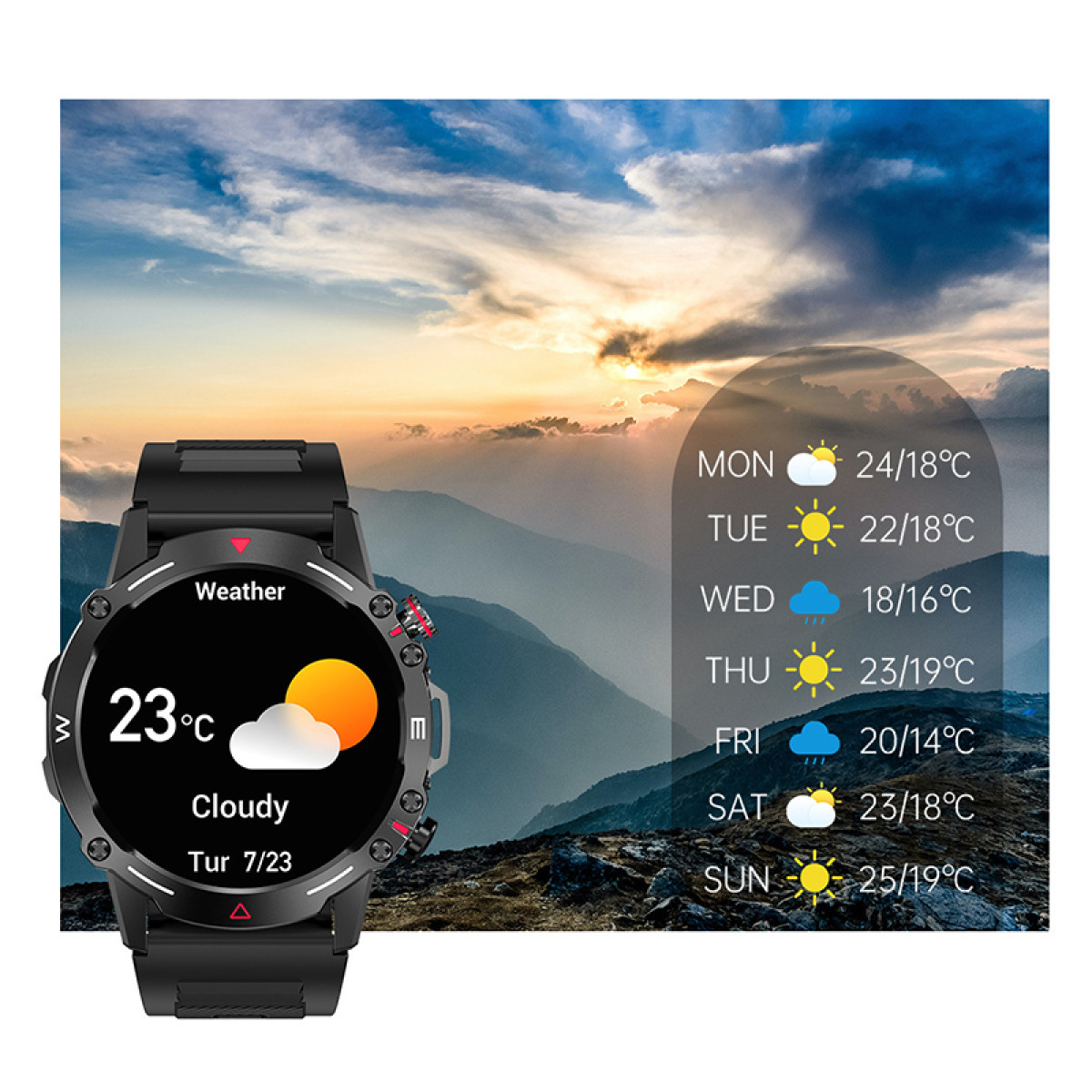 Smartwatch wyświetlający informacje o pogodzie, w tym temperaturę i prognozę.