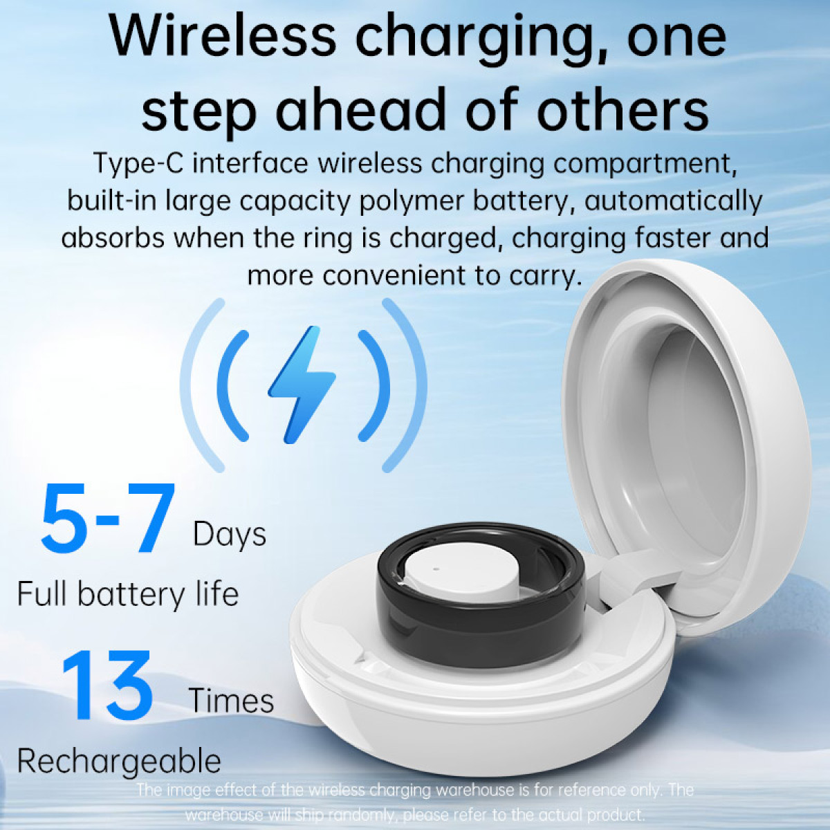 Biała ładowarka bezprzewodowa ze wskaźnikiem ładowania i tekstem. Biała obudowa z czarnym komponentem ładującym.