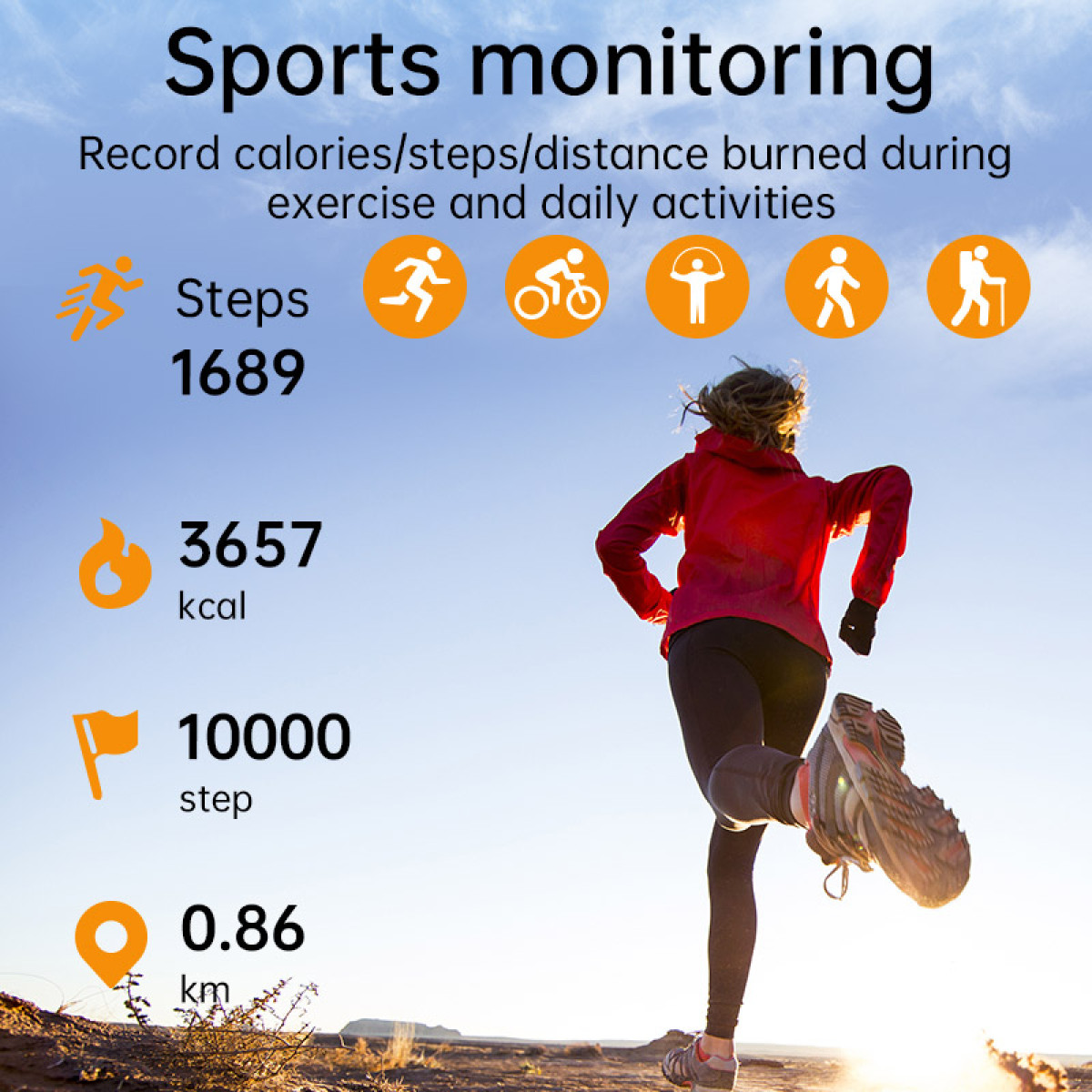 Kobieta biegnąca, pokazane kroki, kalorie, liczba kroków i metryki odległości.
