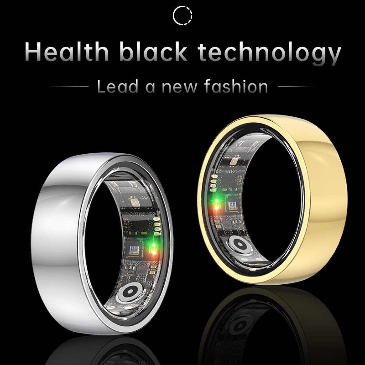 Zwei intelligente Ringe, einer silber und einer gold. Sie haben einen transparenten Abschnitt mit Lichtern.