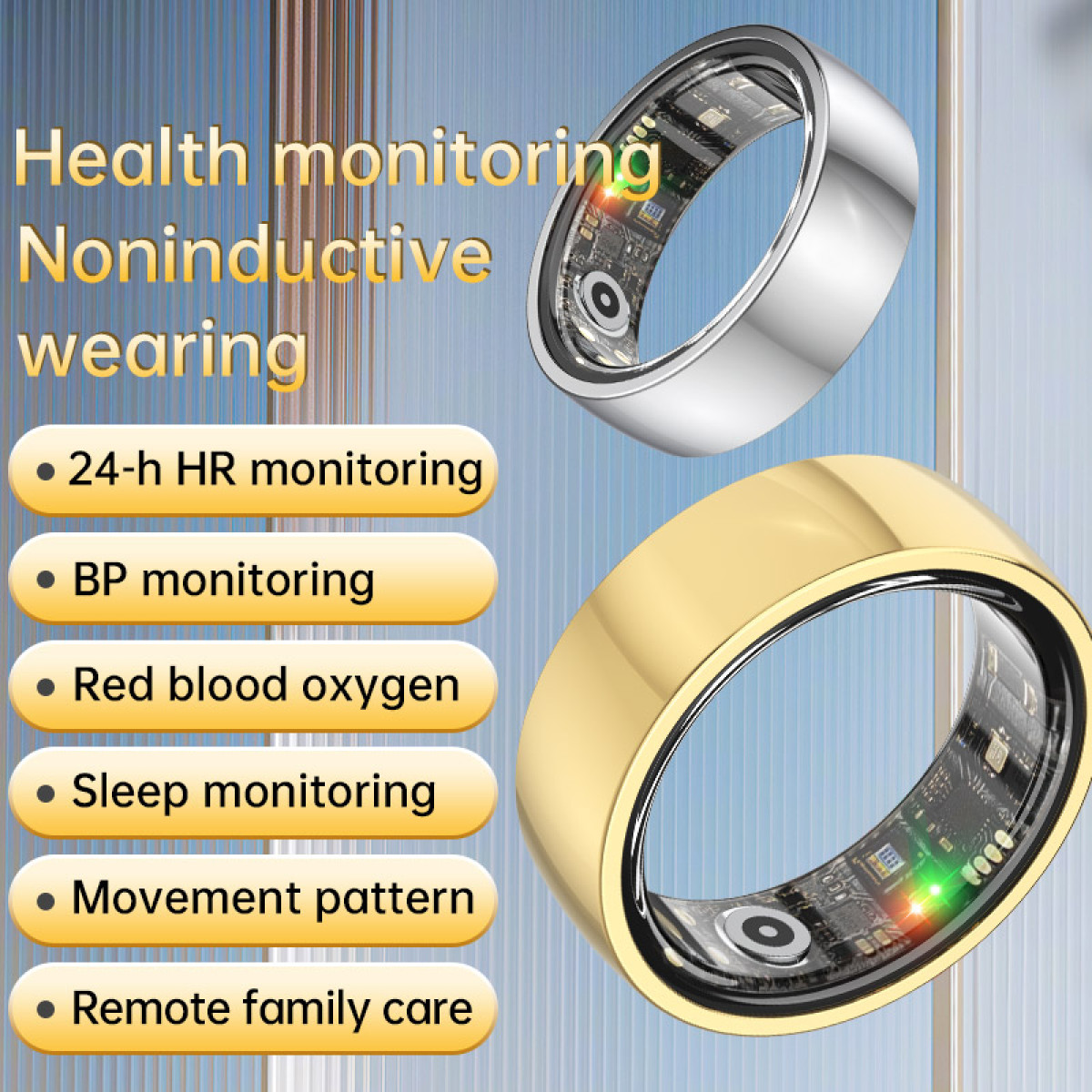 Zwei intelligente Ringe, silber und gold, zeigen Gesundheitsüberwachung an.