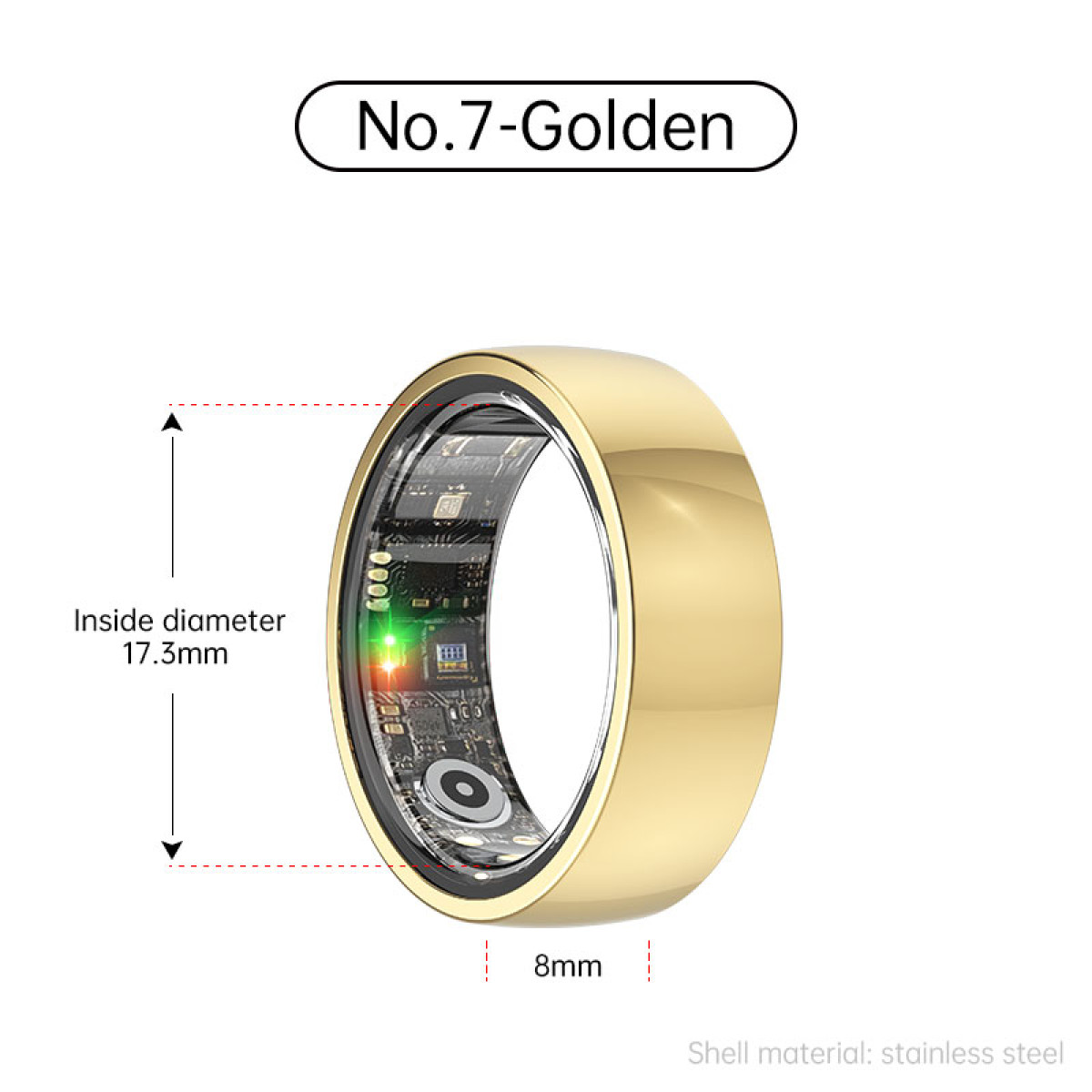 Goldener Ring mit elektronischen Komponenten und Maßangaben.
