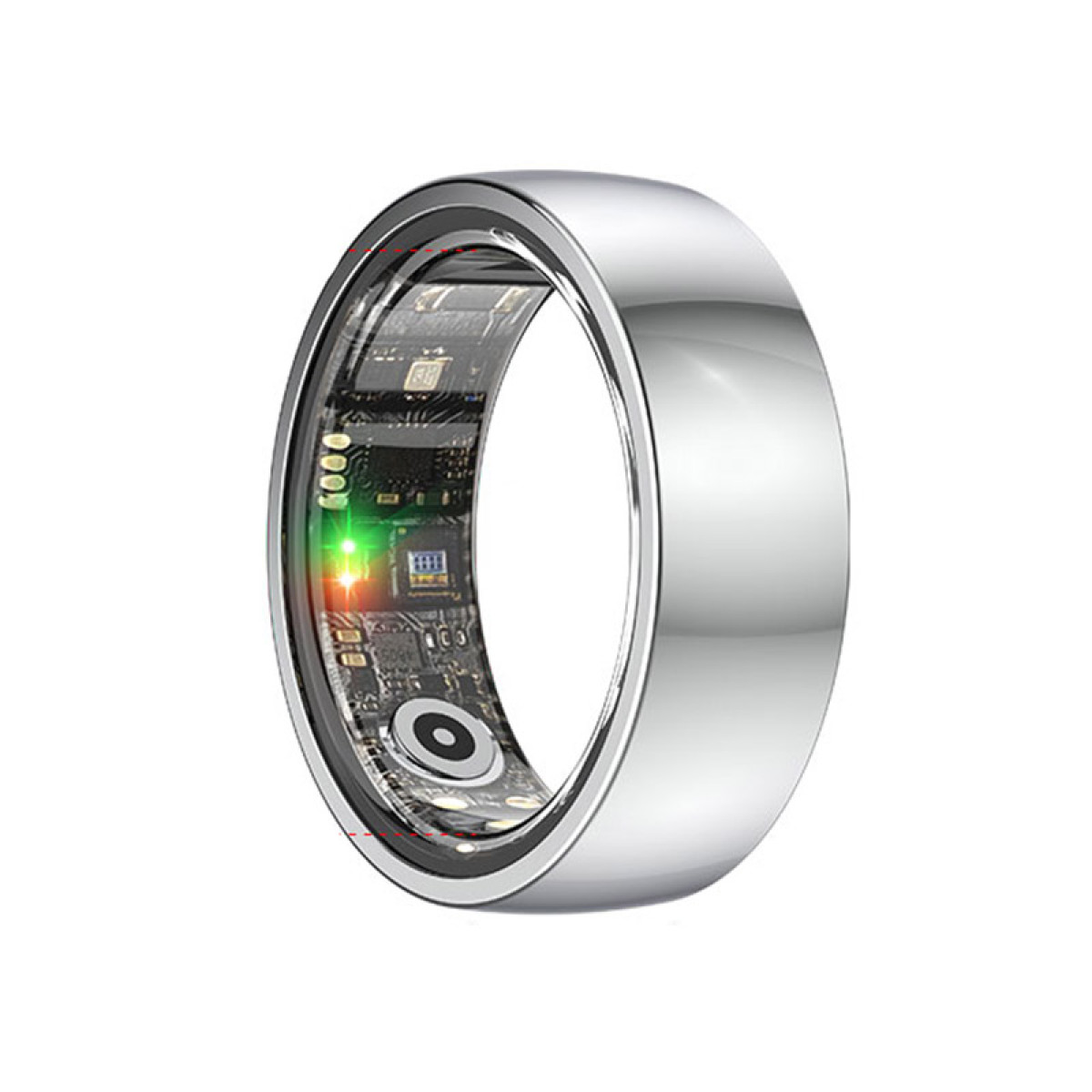 Ein silberner Ring mit transparentem Band, das eine Leiterplatte zeigt. Der Hintergrund ist weiß.