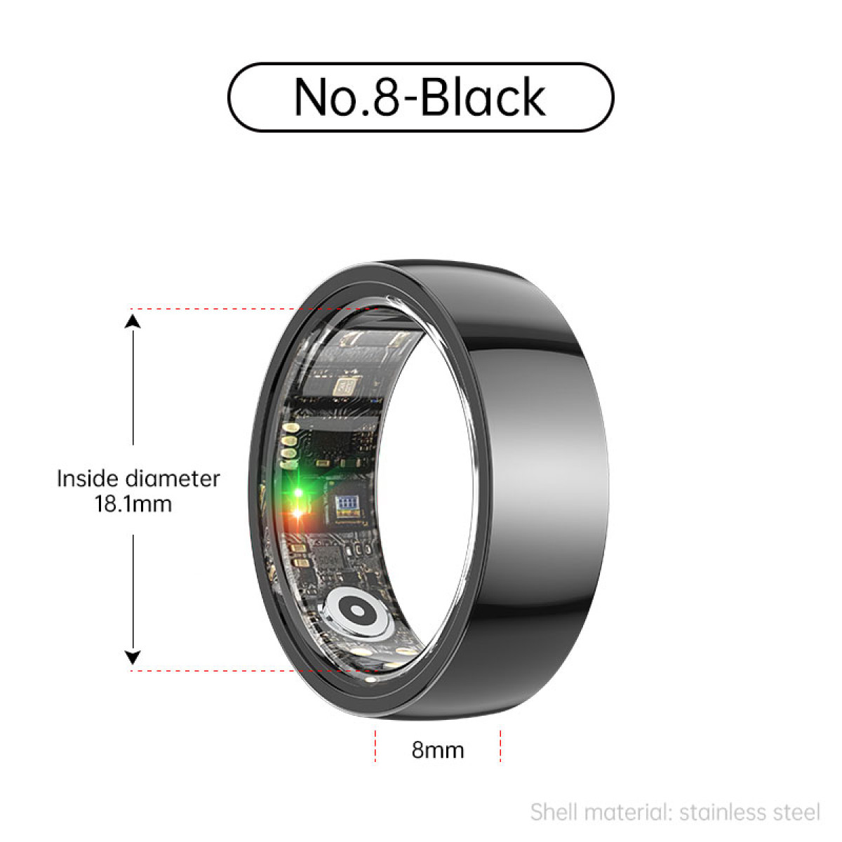 Schwarzer Smart-Ring. Innendurchmesser: 18,1 mm. Gehäusematerial: Edelstahl.
