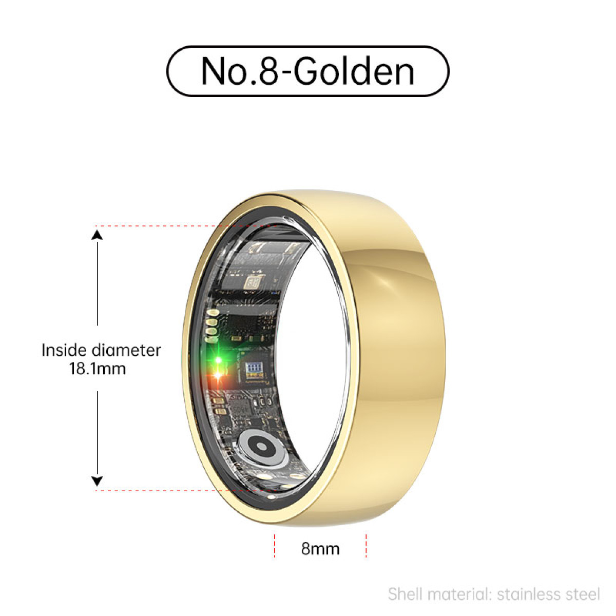 Goldener Smart-Ring mit Innenkomponenten und Maßangaben.
