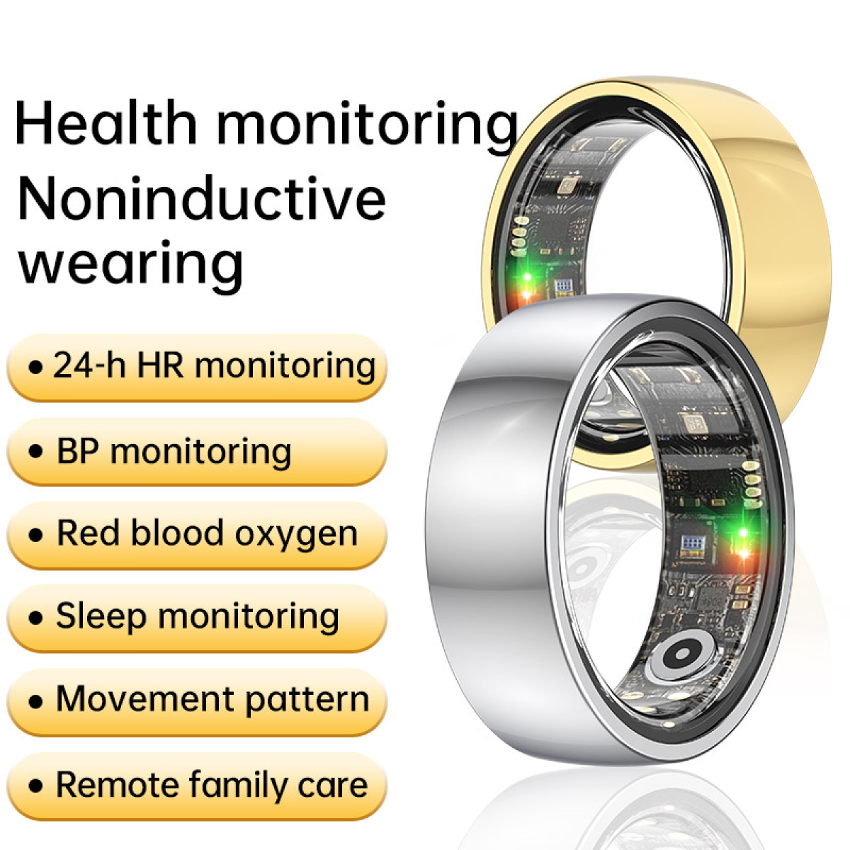Goldener und silberner Smartring mit Text über Gesundheitsüberwachungsfunktionen.