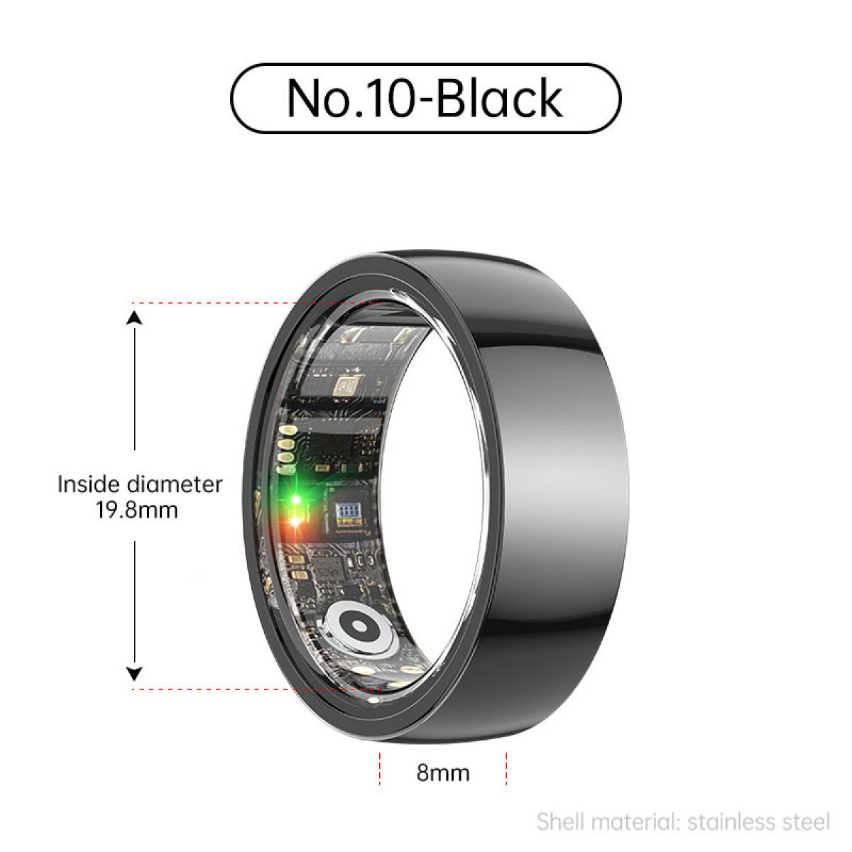 Ein schwarzer Smart Ring mit grünem und rotem Licht. Der Ring ist vor weißem Hintergrund. Der Ring ist schwarz.