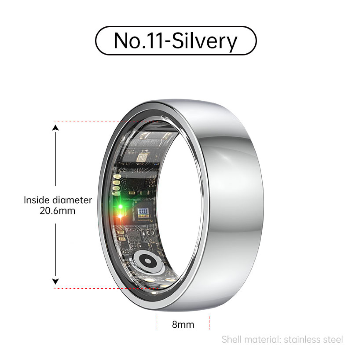 Ein silberner intelligenter Ring. Der Text oben lautet Nr. 11-Silvery. Im Ring befinden sich Schaltkreise und LEDs.