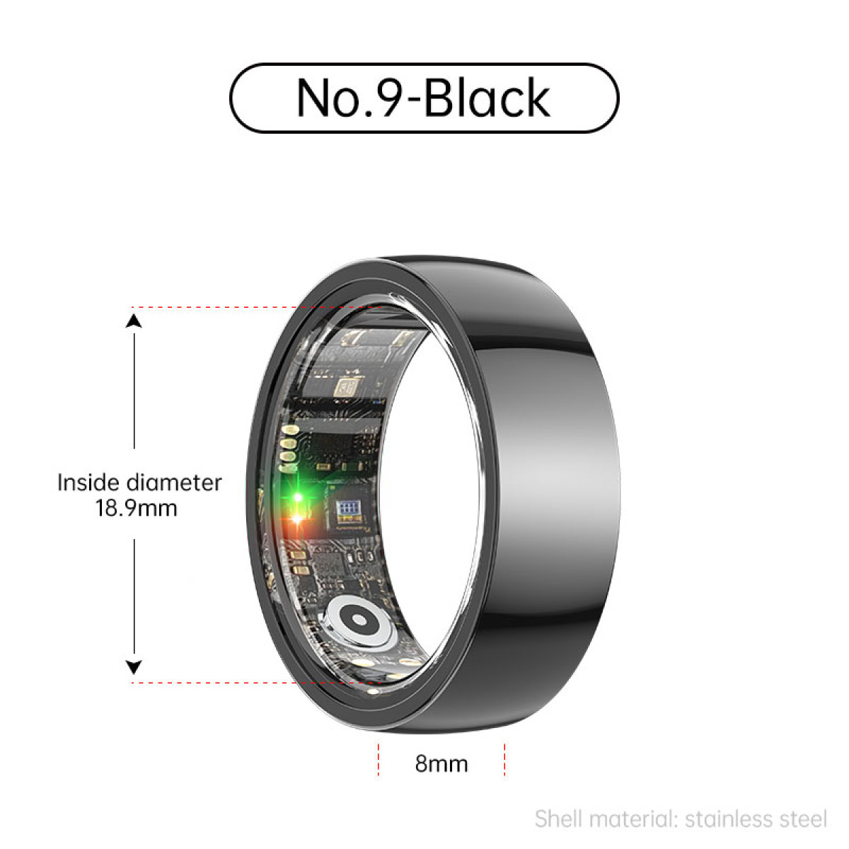 Ein schwarzer Smartring mit sichtbaren inneren Schaltkreisen, silberner Schale und Maßen. Es ist No.9-Black.