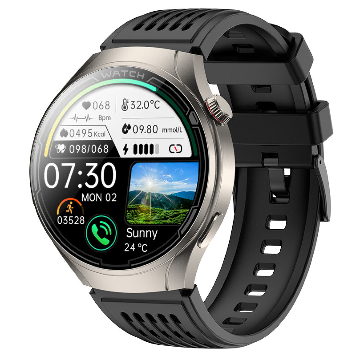 Smartwatch with black strap. Displays time, heart rate, calories, and the weather.