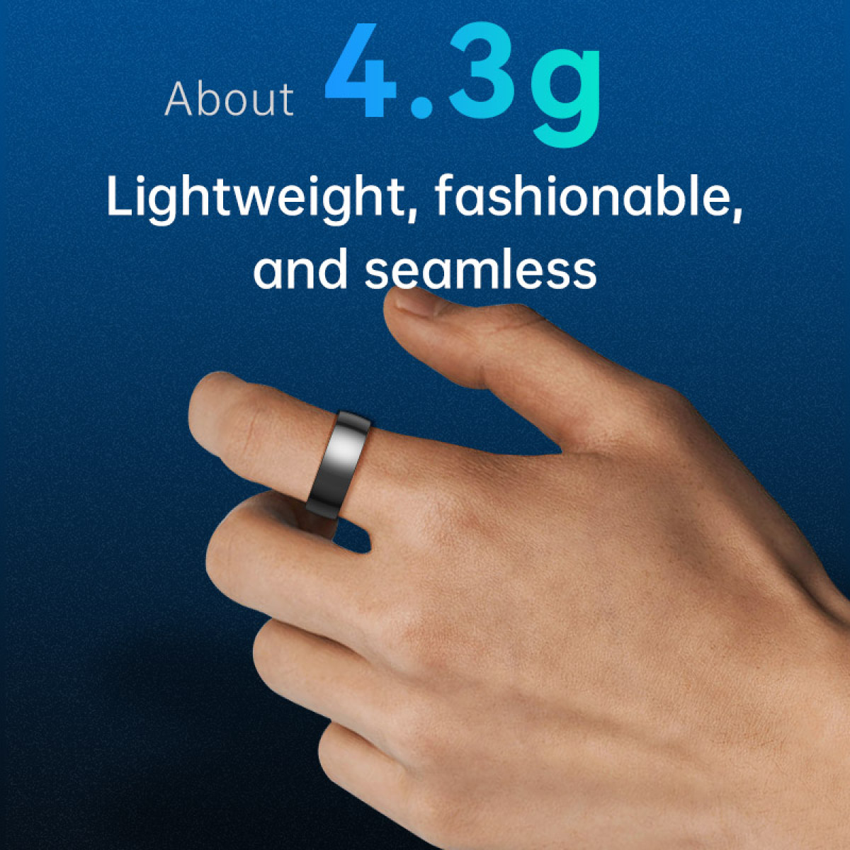 Eine Hand mit einem silbernen Ring auf blau-schwarzem Hintergrund, Text über Leichtgewicht.