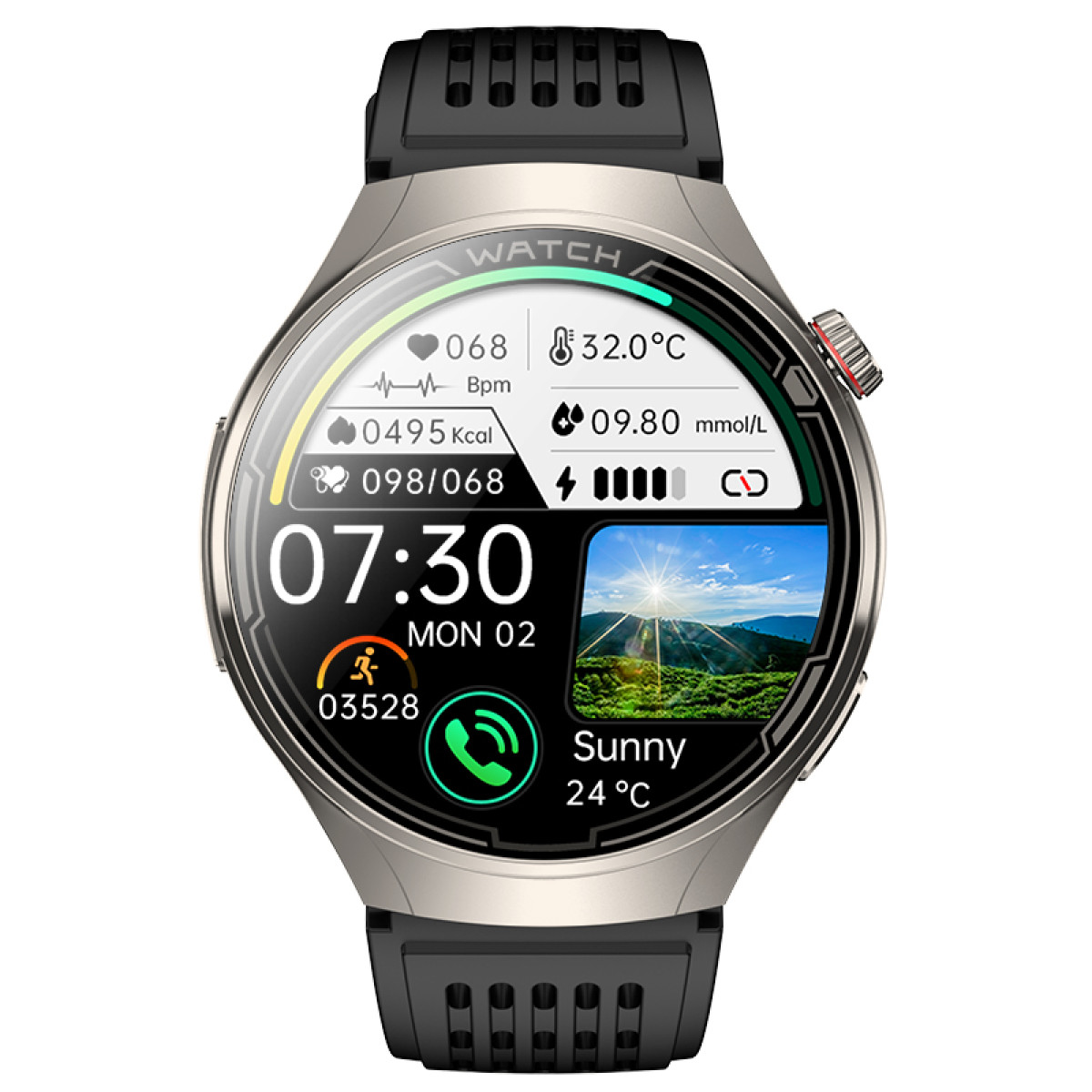 Smartwatch displaying health metrics, a sunny landscape image, and time.