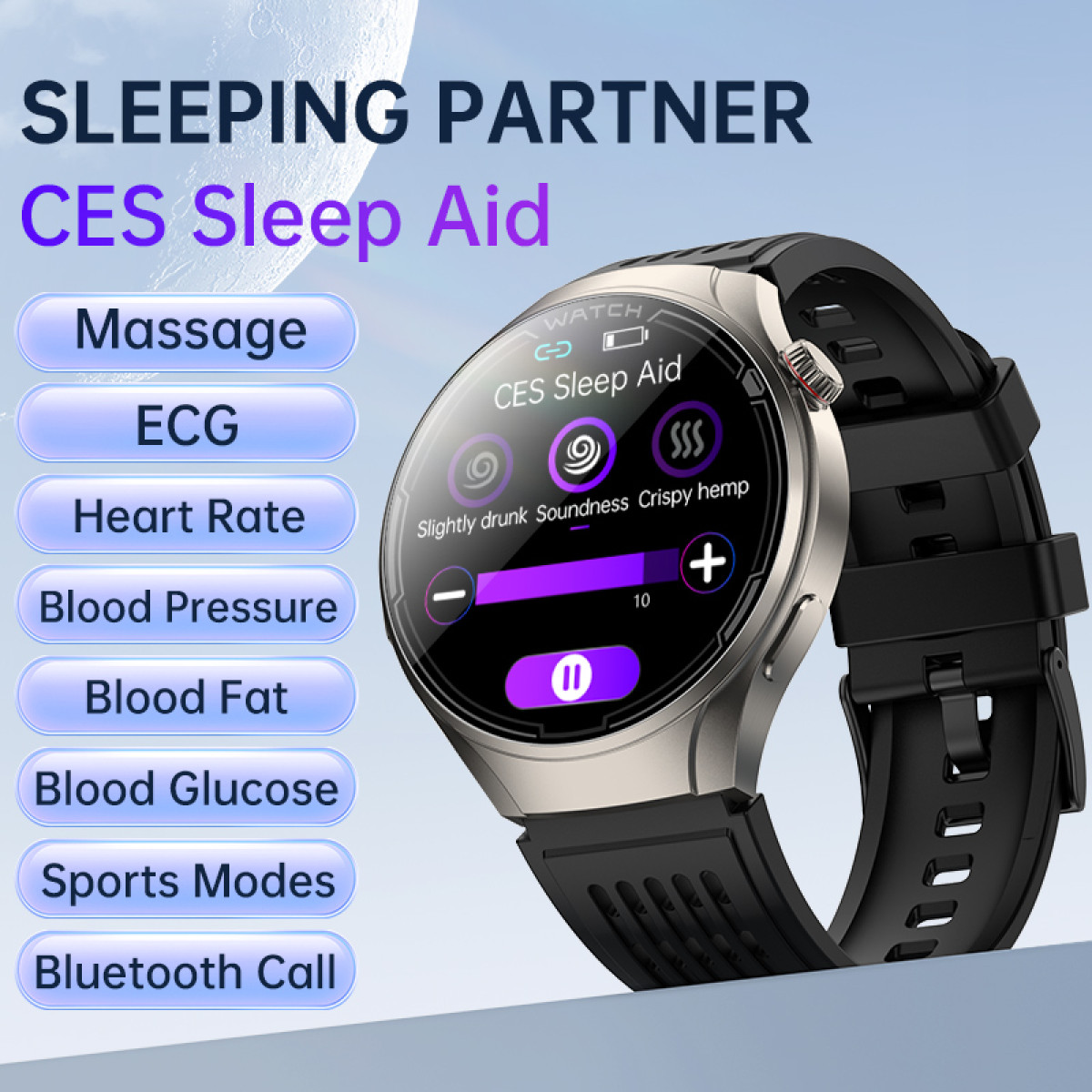 A smartwatch with health tracking features, including massage, ECG, heart rate, and sleep monitoring.