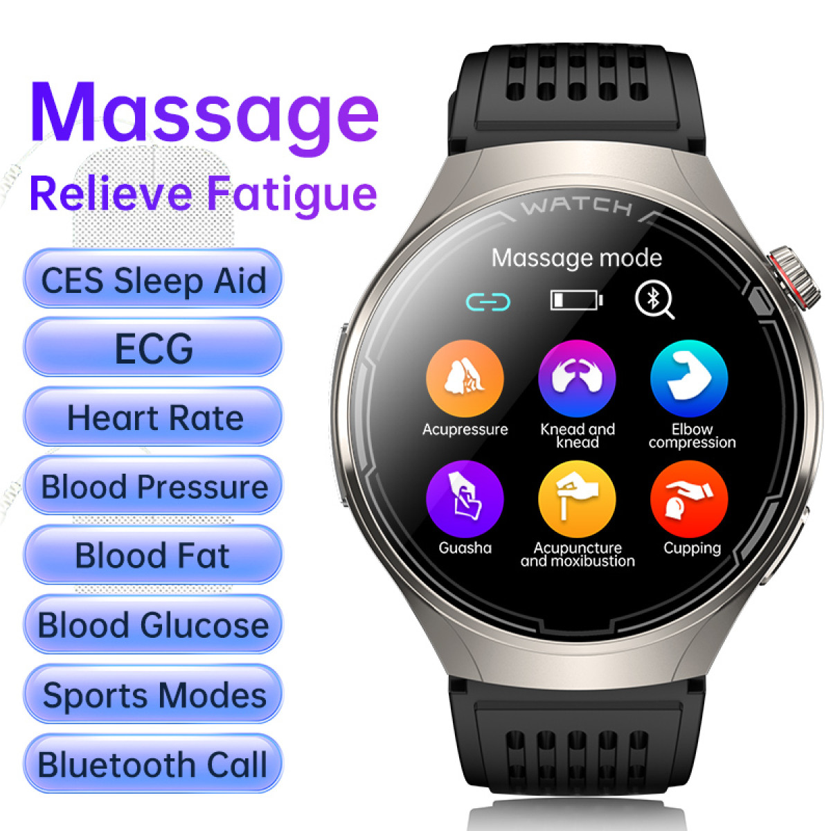 A smartwatch with various health monitoring icons and a black strap.