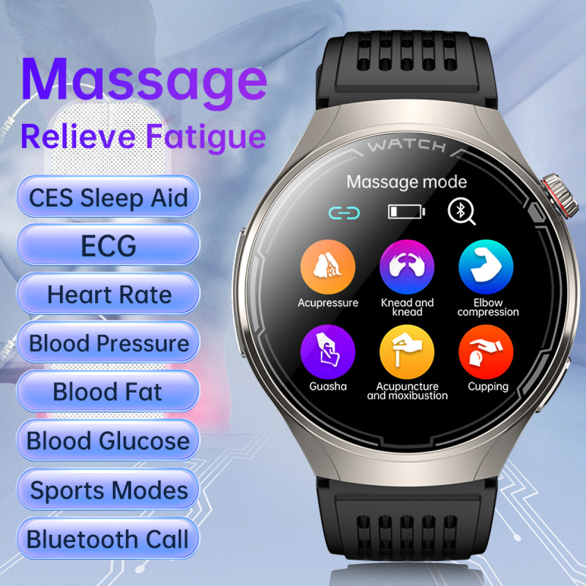 Smartwatch displaying health metrics, with text overlay and black strap.