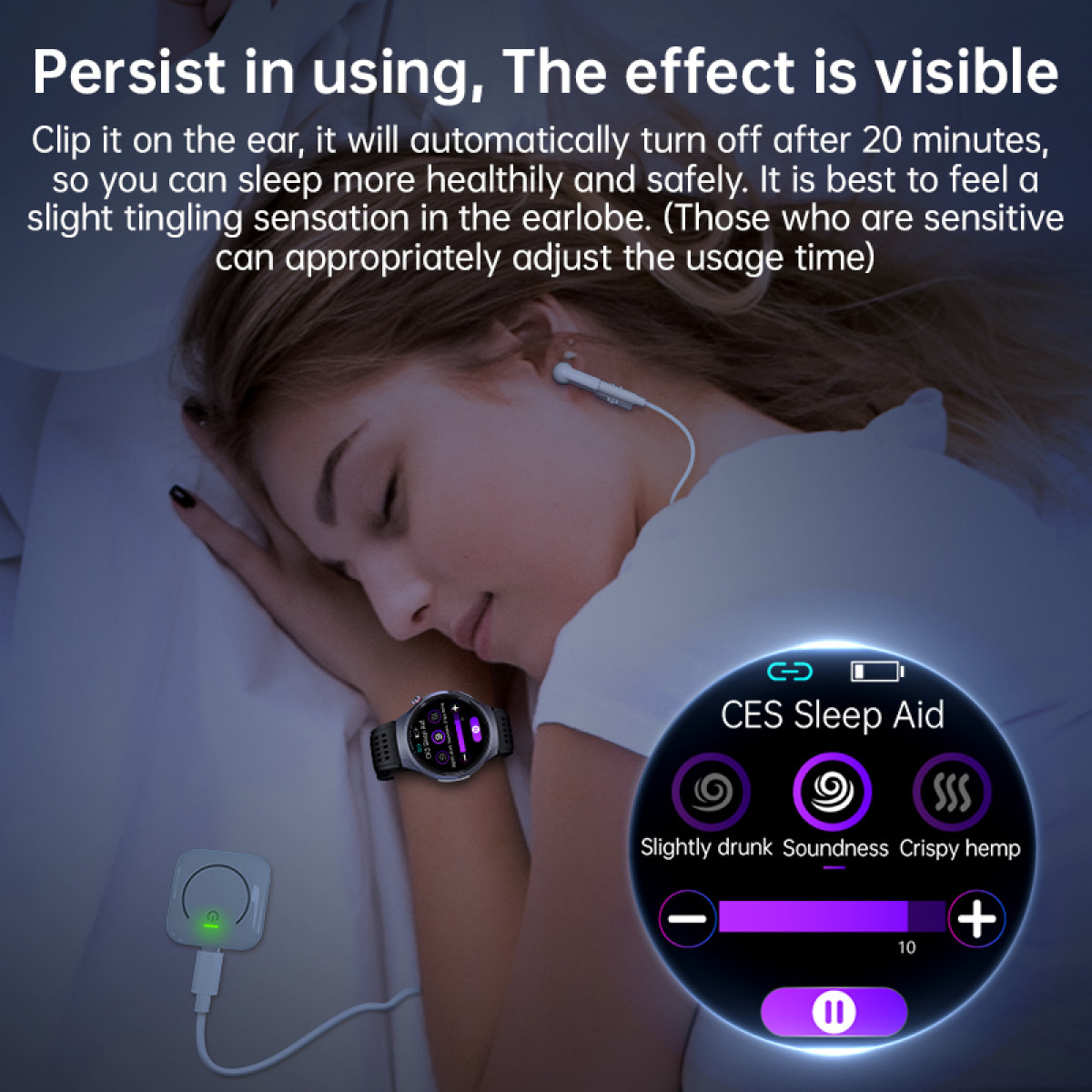 Woman sleeping with a watch and a charging device. A graphic shows sleep aid features.
