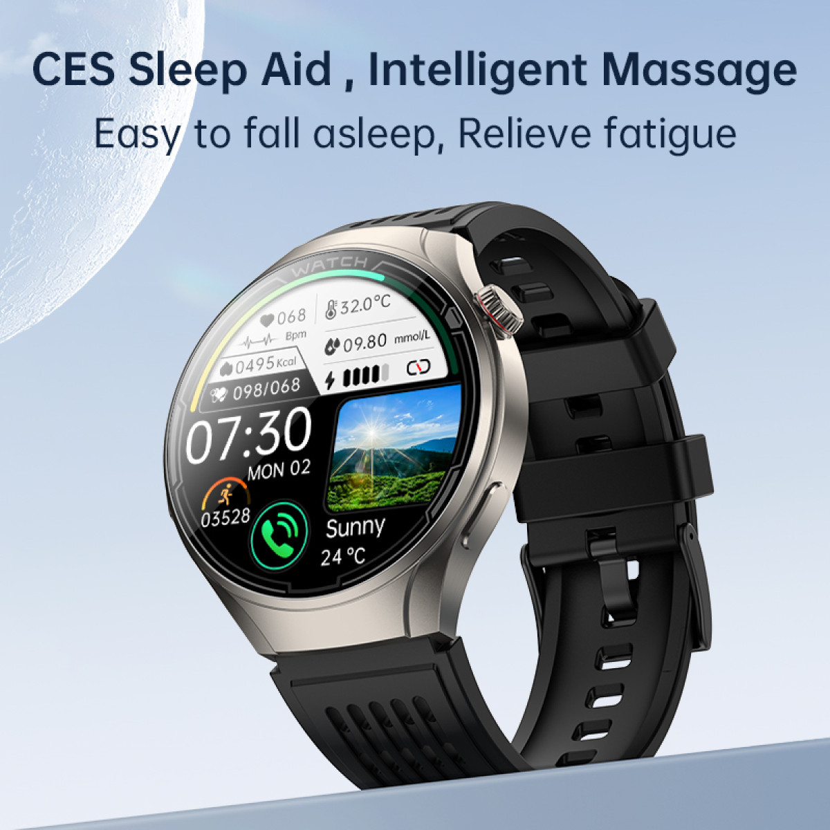 Smartwatch with a silver case and black strap displaying health metrics and a sunny scene.