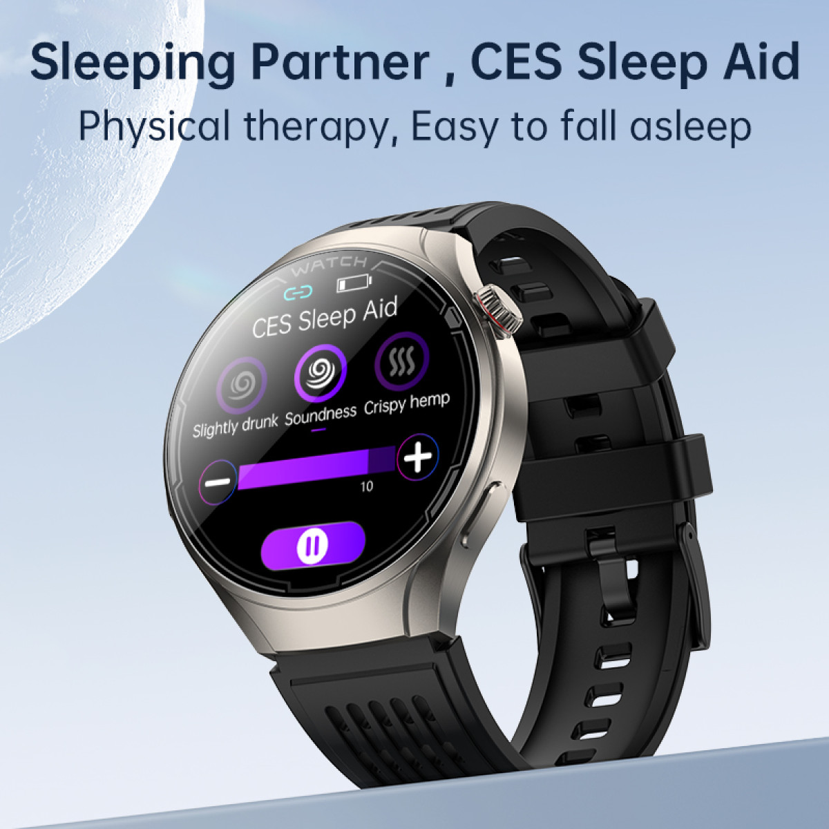 A smartwatch with a black strap. The watch face shows info about sleep aid functions. It is silver and black.