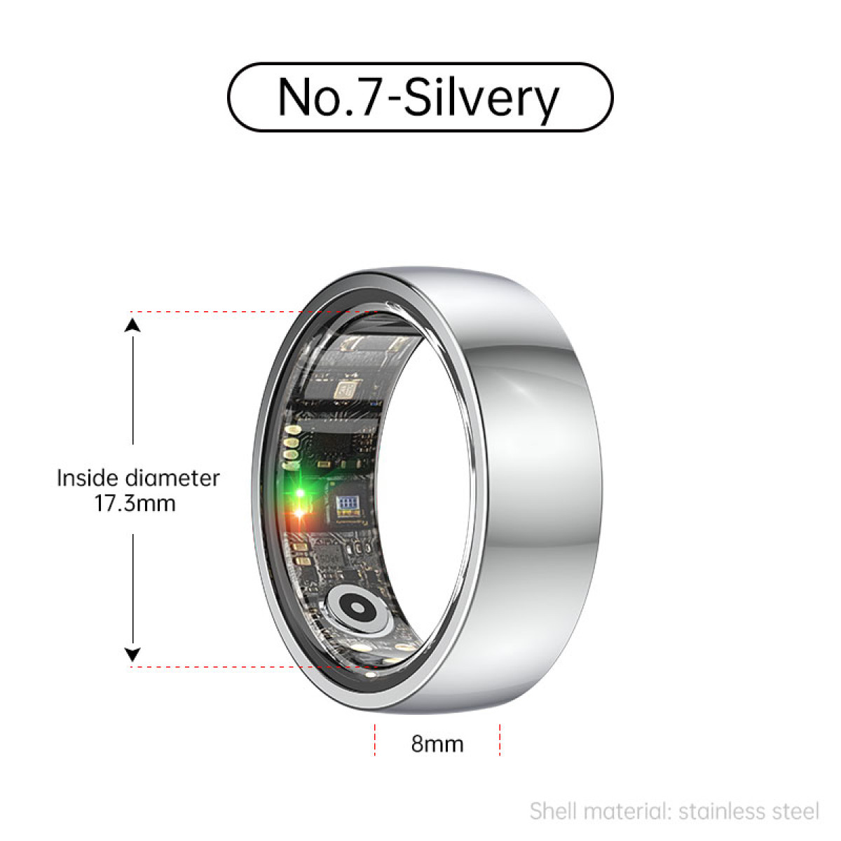 Ein silberner Smart-Ring mit grünen und roten Lichtern, mit angezeigten Abmessungen.