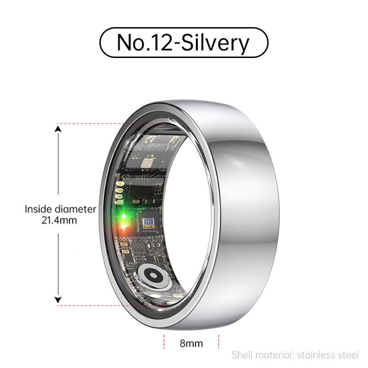 Silberner Ring mit sichtbaren Innenteilen. Text: 'No.12-Silvery', 'Innendurchmesser 21,4 mm', '8 mm'.