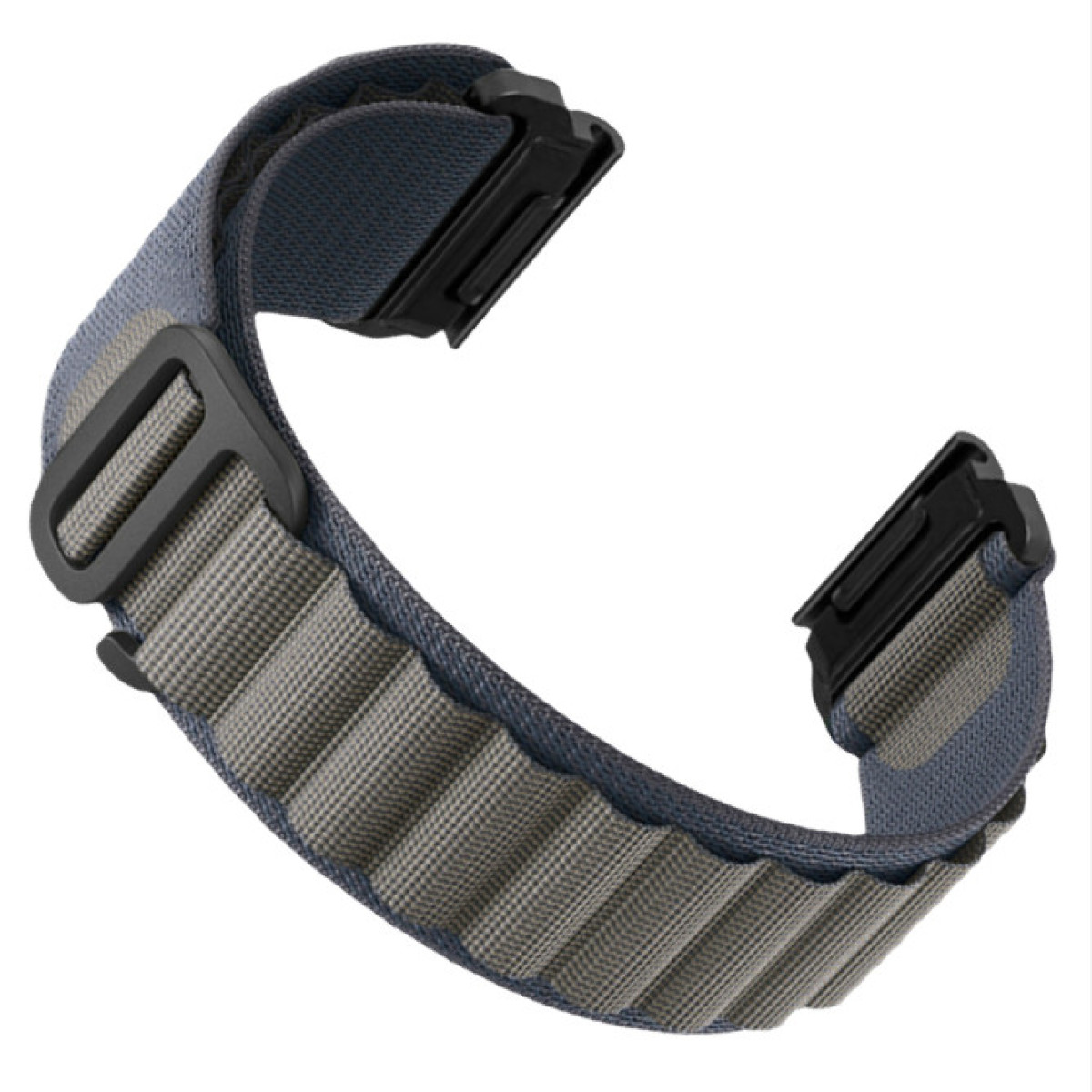 Cinturino con sezioni grigie e blu, chiusura nera. Design in tessuto con motivo ripetuto.