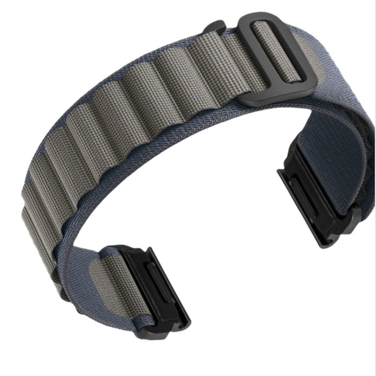 Cinturino con motivo grigio e blu e chiusura nera.