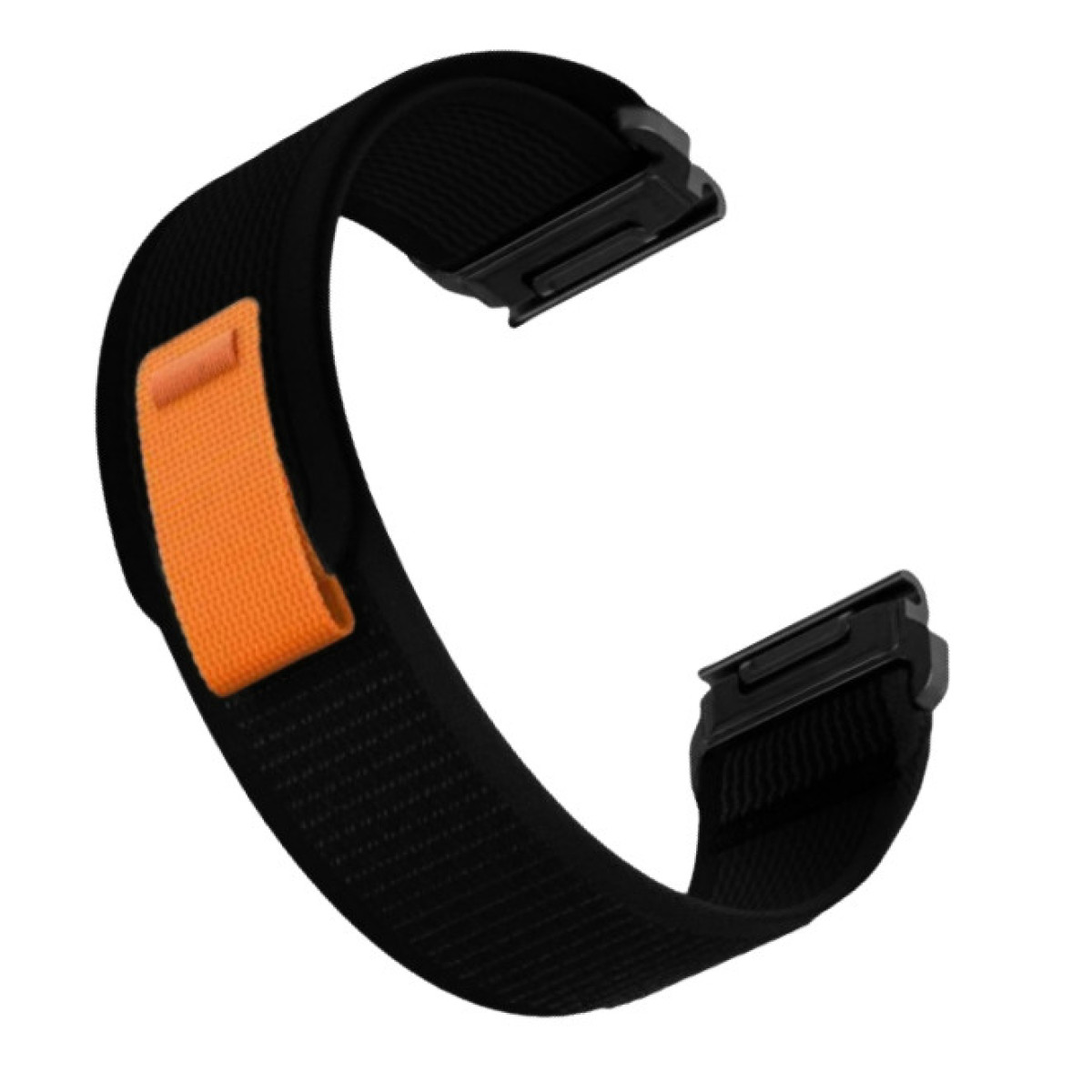 Ein schwarzes Uhrenarmband mit einem orangefarbenen Akzent und einem schwarzen Verschluss.