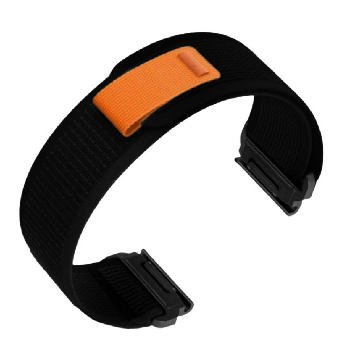 Schwarzes Uhrenarmband mit orangefarbener Schließe.