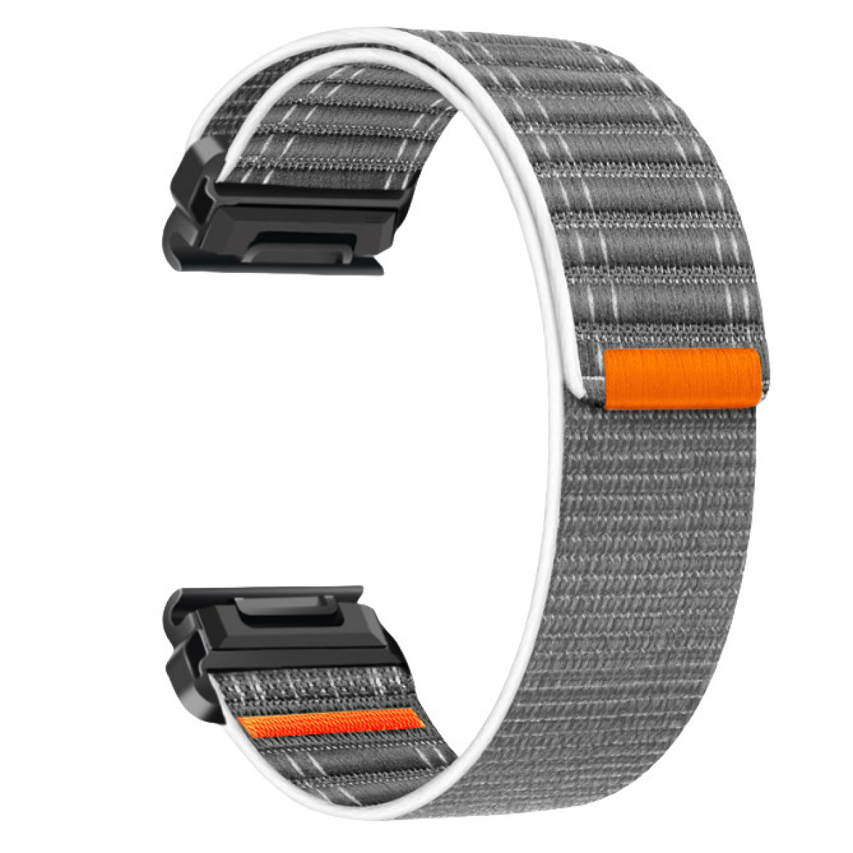 Szary materiałowy pasek do zegarka z czarnymi i pomarańczowymi akcentami. Biała obwódka. Zakrzywiony kształt.