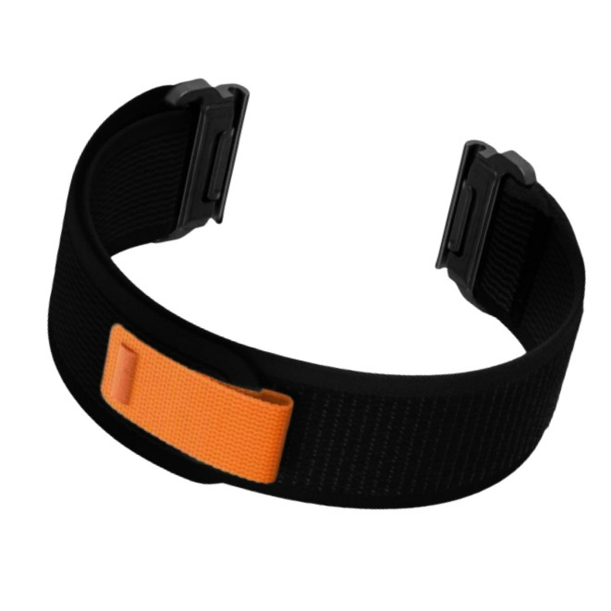 Ein schwarzes Smartband. Das Band hat ein oranges Segment. Es hat Schnellverschlüsse an beiden Enden.