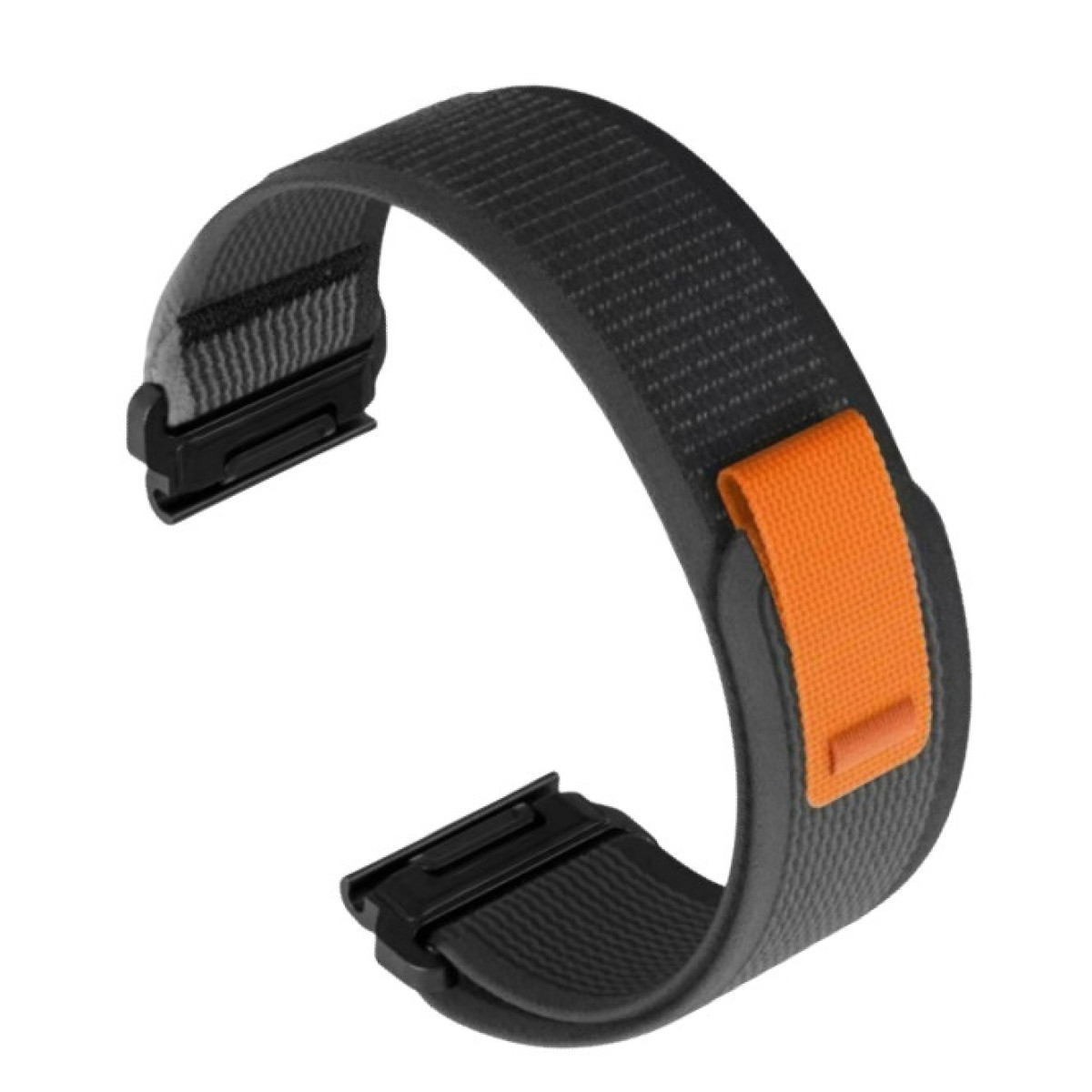 Ein schwarzes Uhrenarmband mit einer orangefarbenen Schlaufe. Das Armband hat einen Schnellverschluss.