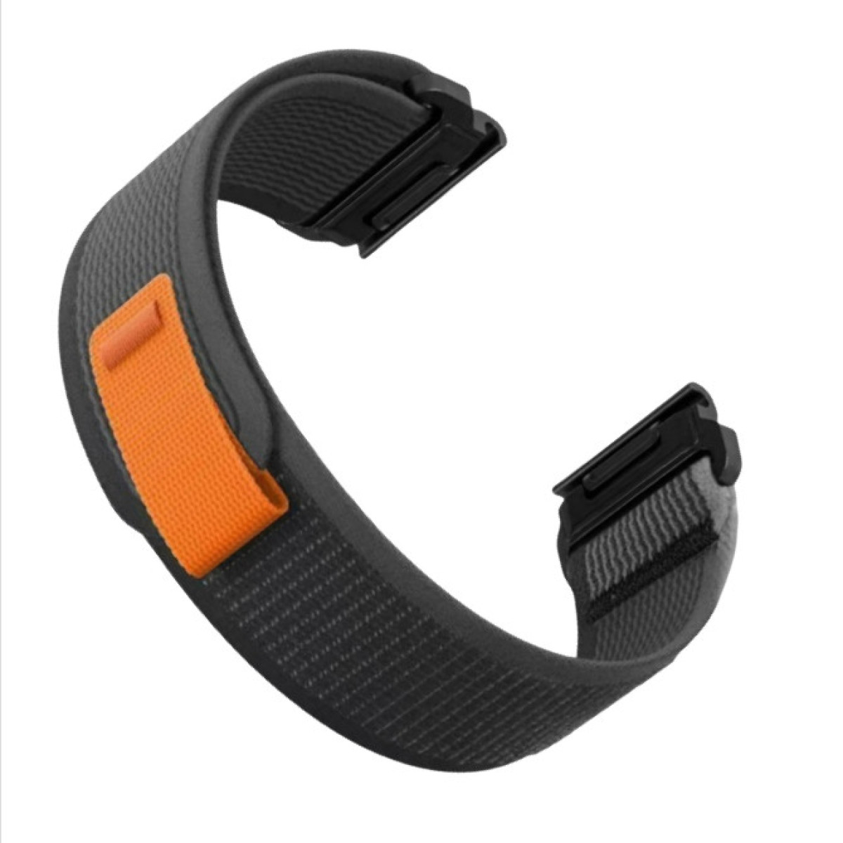 Graues und oranges Uhrenarmband mit Verschluss. Das Armband ist gebogen.