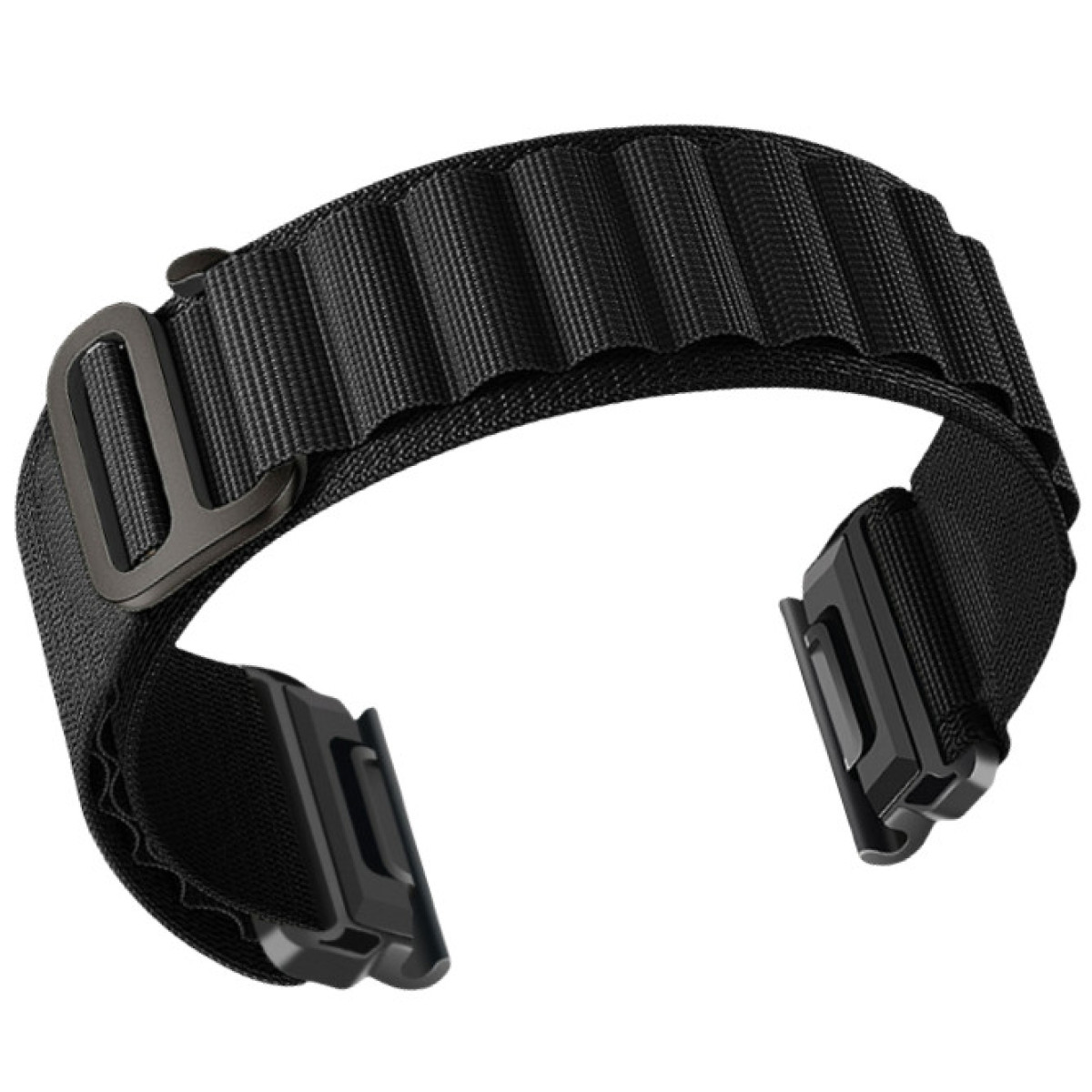 Czarny pasek do zegarka z wieloma pętlami i metalową klamrą. Czarne tło.