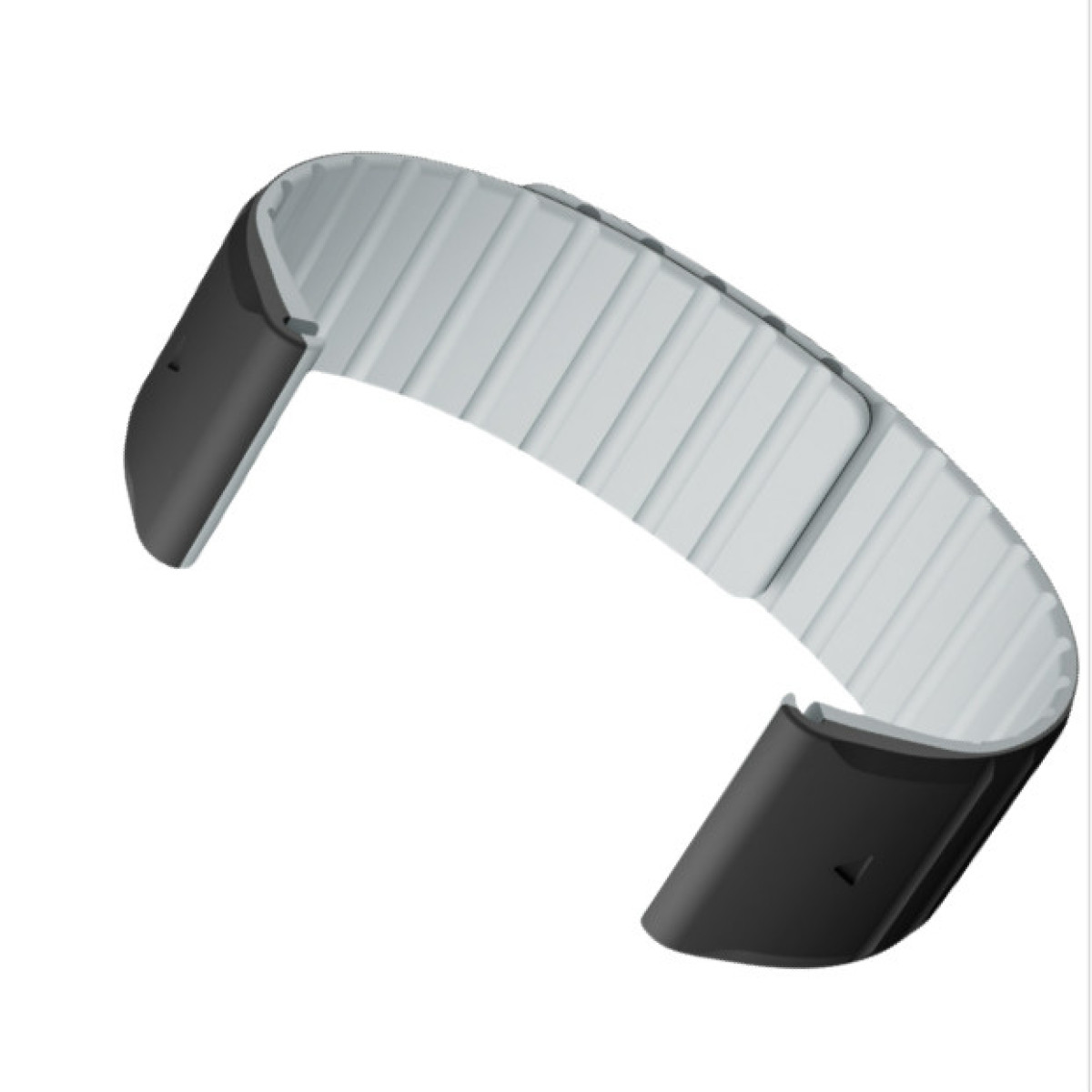 Cinturino per smartwatch nero e grigio. Superficie interna a coste e due terminali neri.