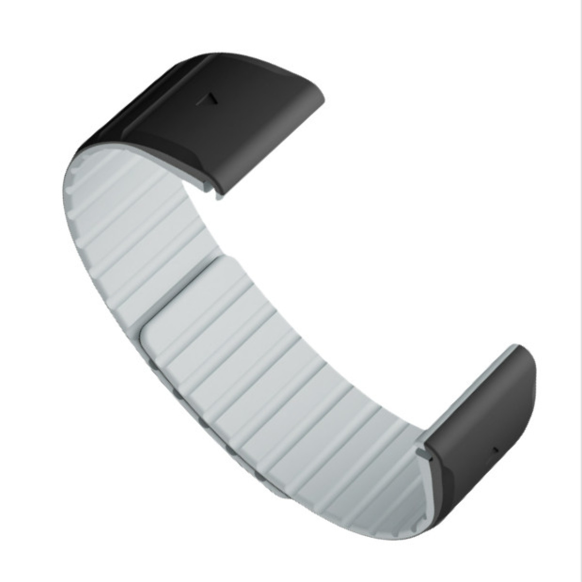 Un cinturino bianco e nero, con interno strutturato e design curvo.