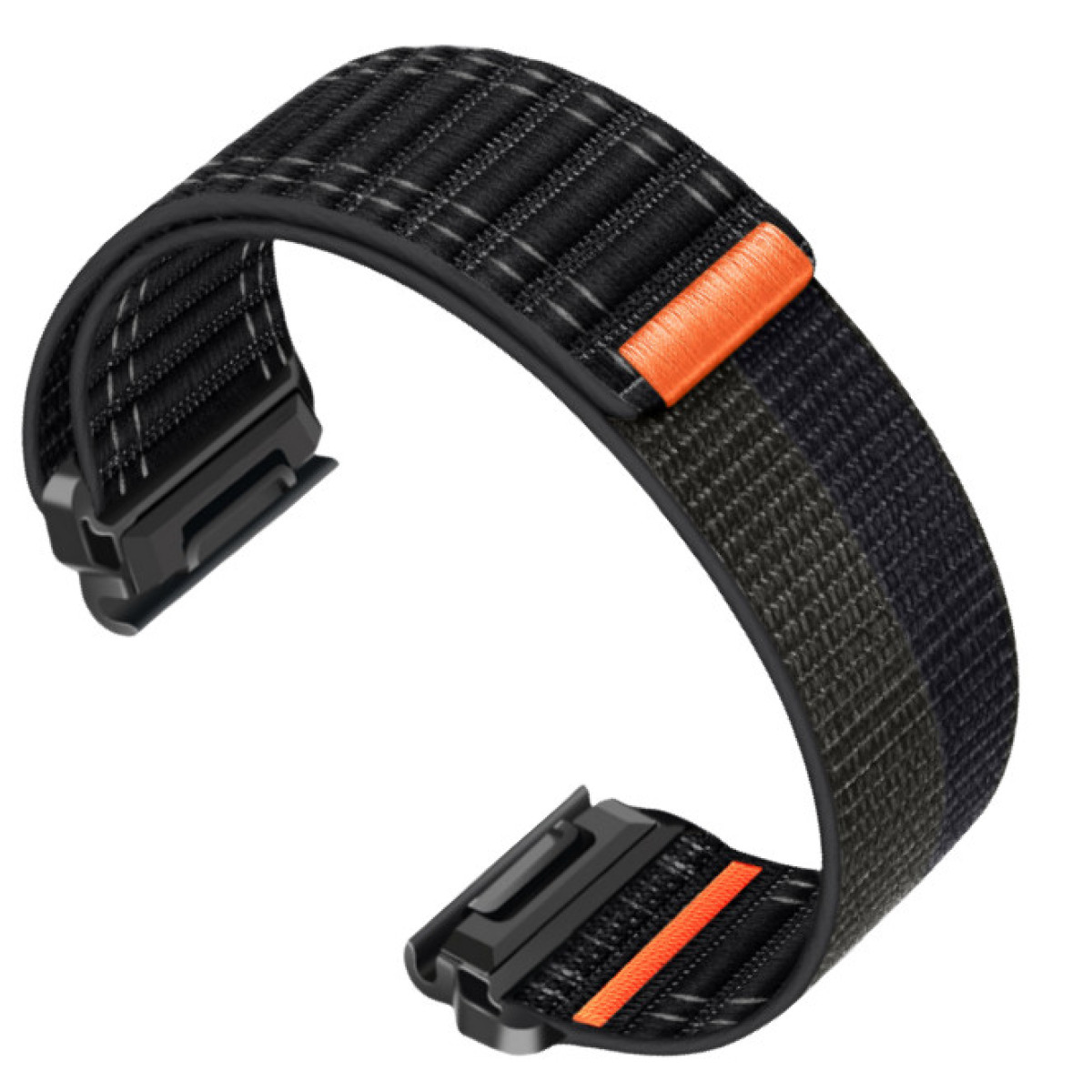 Czarny i szary pasek do zegarka z pomarańczowymi akcentami, czarną klamrą i złączami.