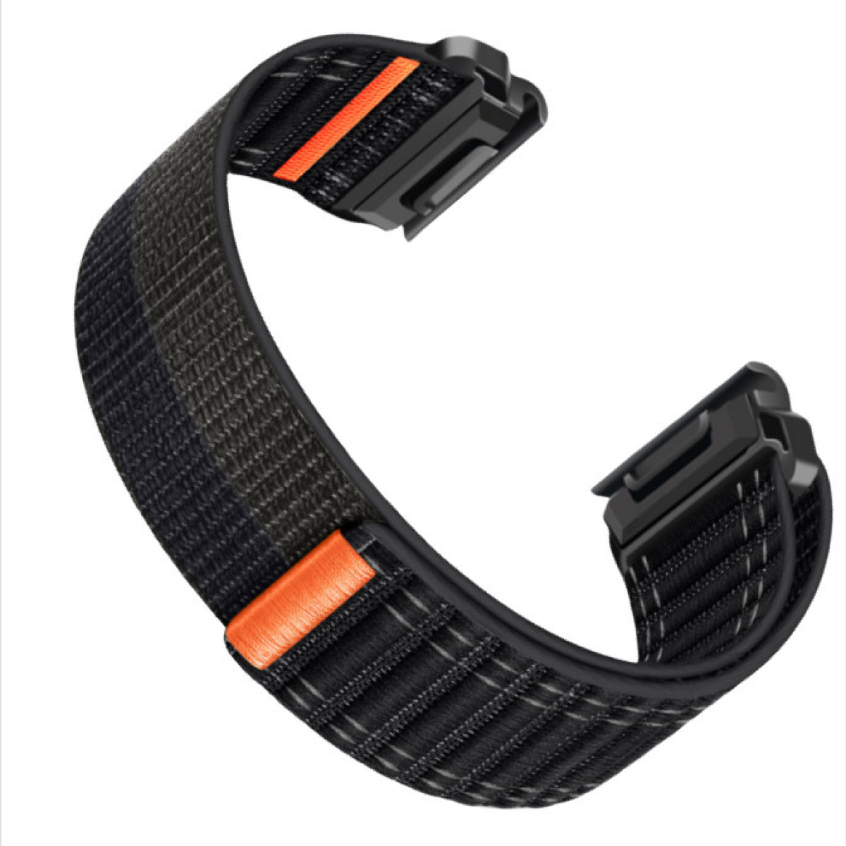 Czarny pasek do zegarka z pomarańczowymi akcentami. Pasek na białym tle.