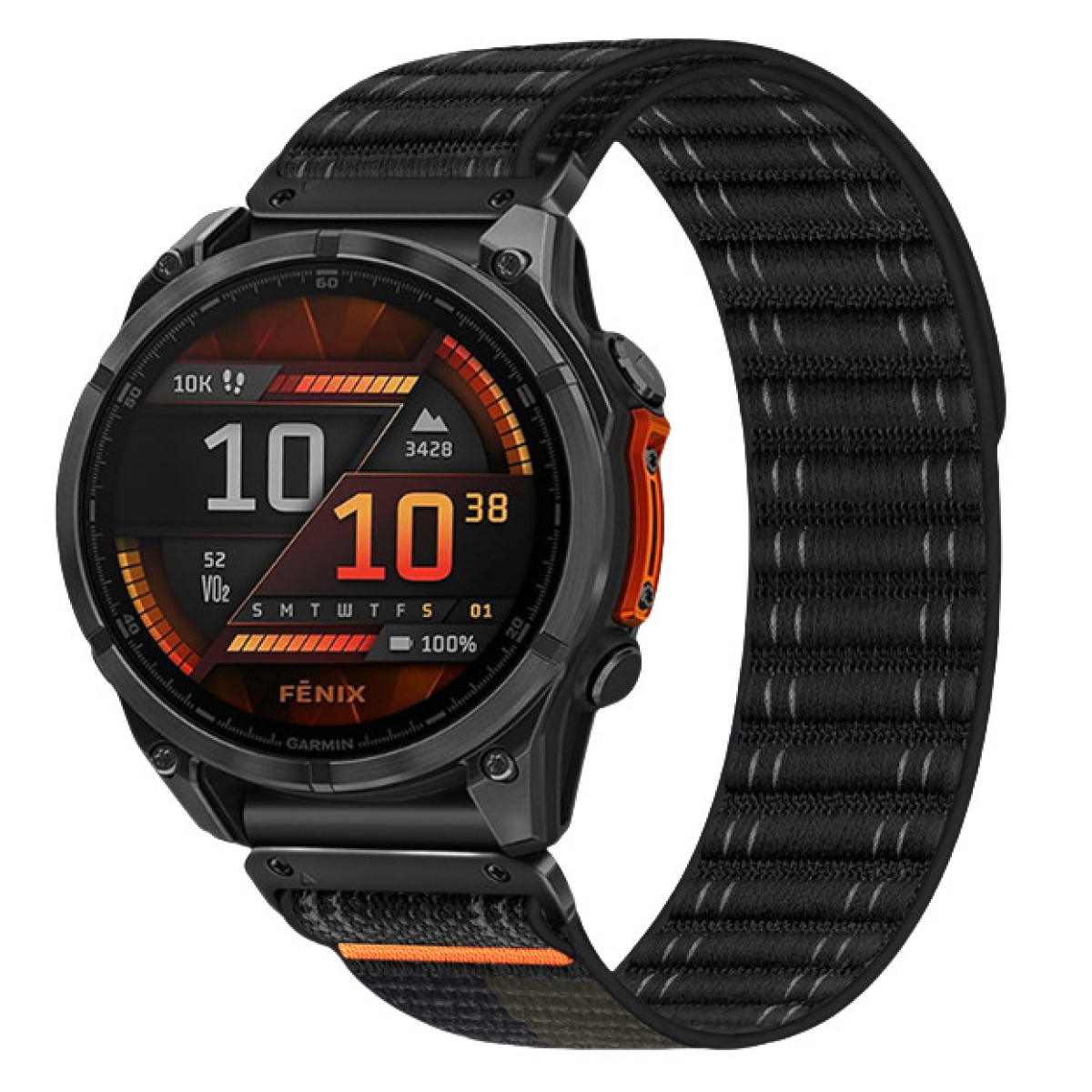 Czarny smartwatch z czarnym i pomarańczowym paskiem. Ekran pokazuje czas, datę i wskaźniki zdrowia.