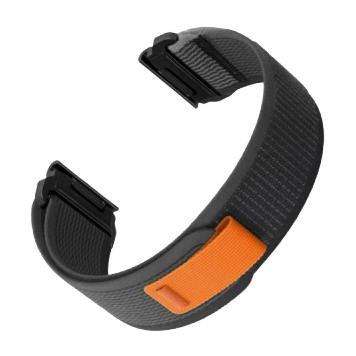Schwarzes und graues Fitness-Tracker-Armband mit orangefarbenem Riemen. Es ist gebogen und scheint aus Gummi zu sein.