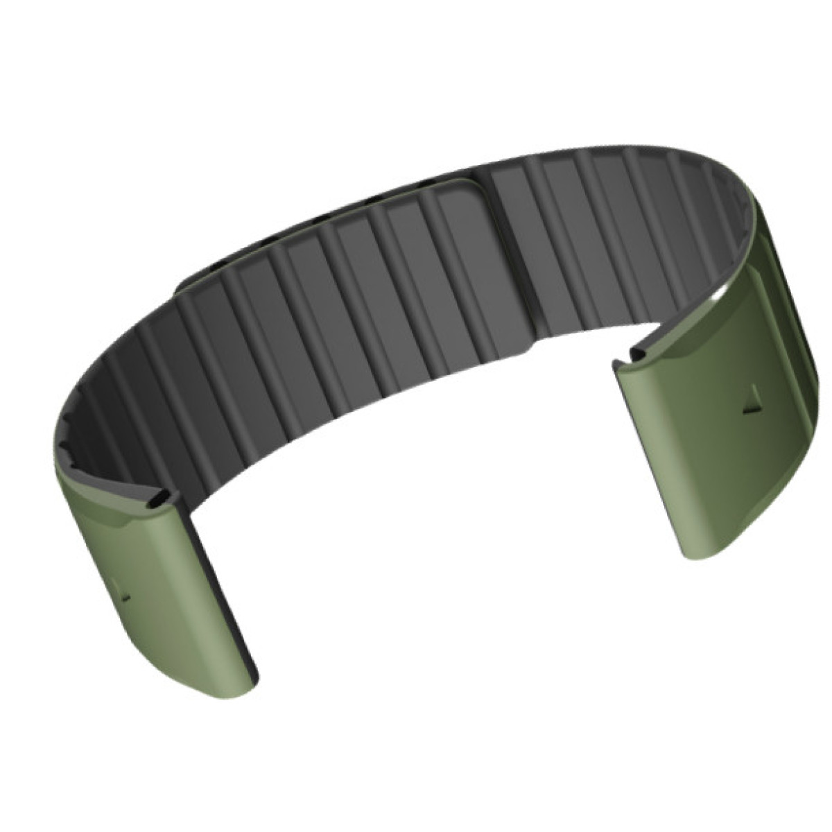 Un cinturino per smartwatch curvo, verde oliva. Ha un interno grigio scuro e una chiusura.