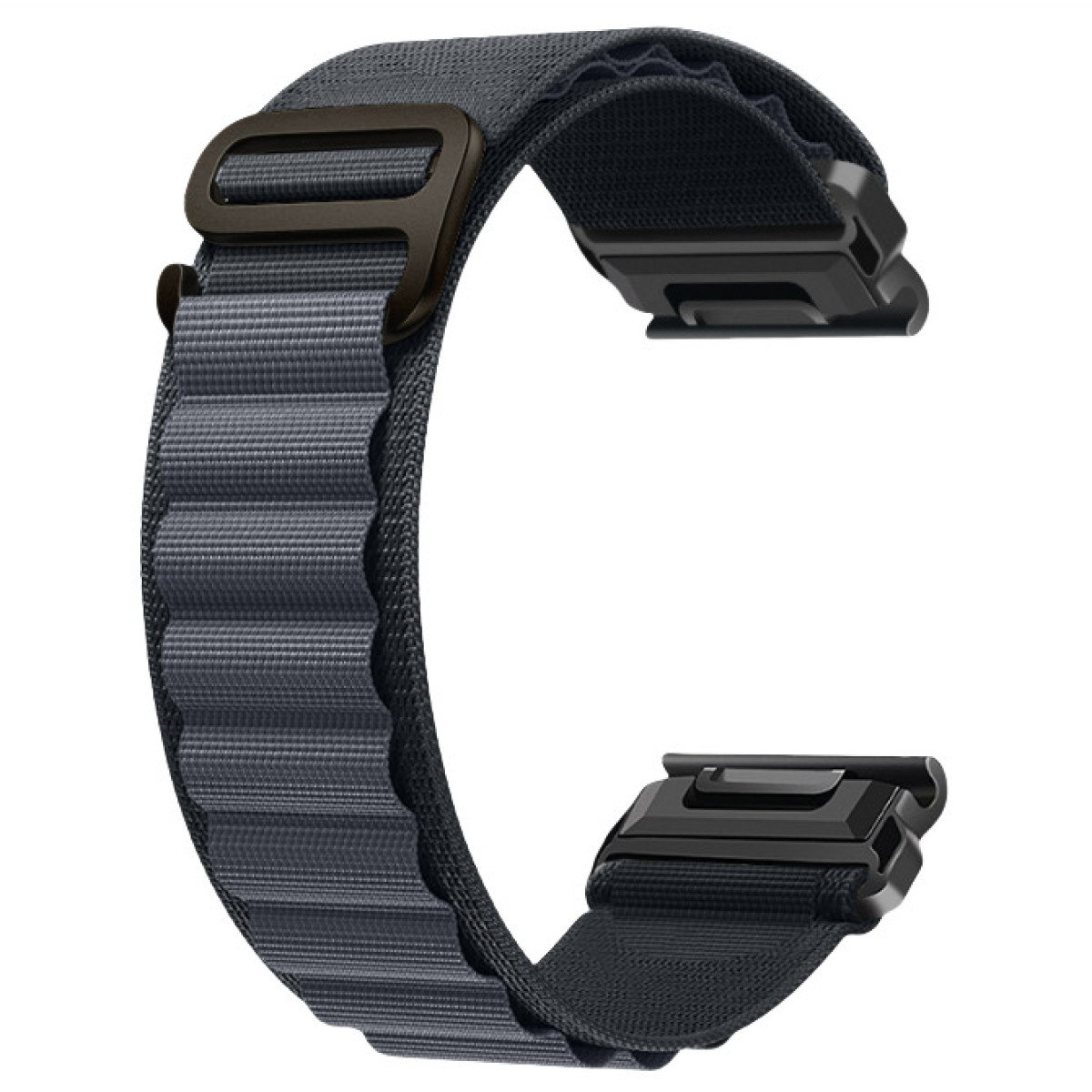 Ciemnoniebieski pasek do zegarka z czarną klamrą. Wykonany jest z teksturowanego materiału.