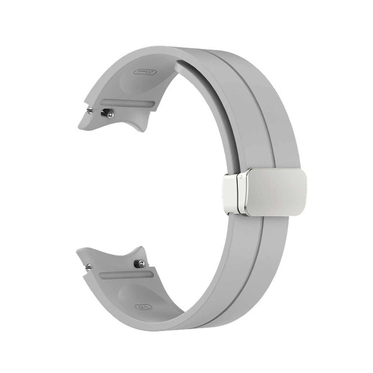 Hellgraues Uhrenarmband mit silberner Schnalle. Weißer Hintergrund.