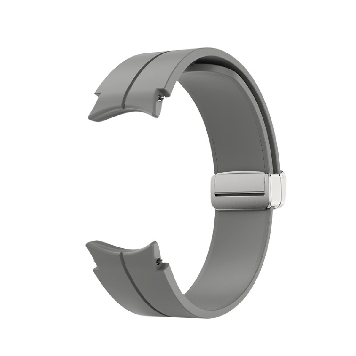 Graues Uhrenarmband mit silbernem Verschluss, in kreisförmiger Form gebogen.
