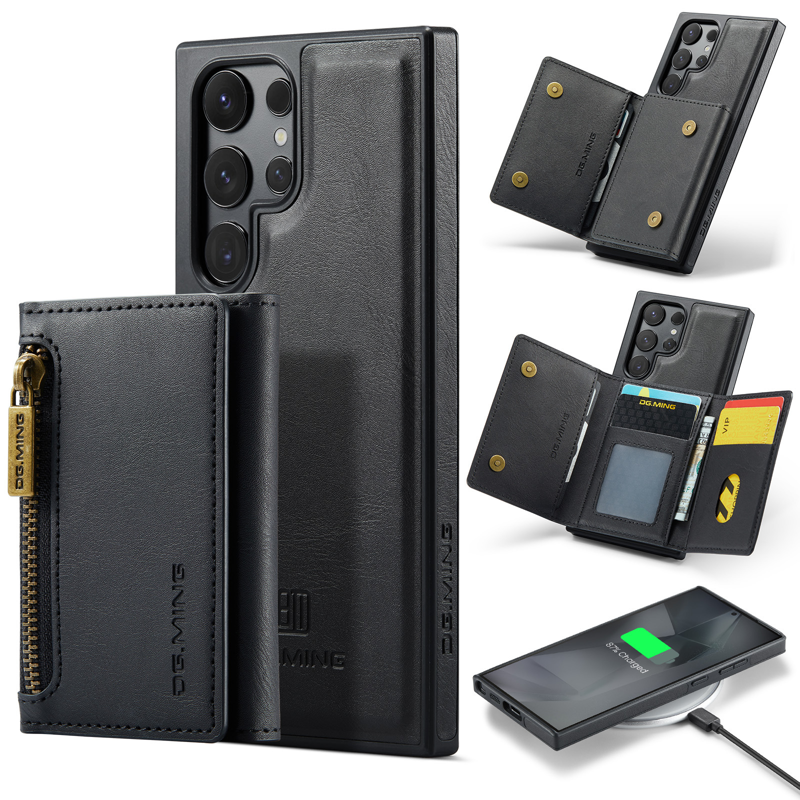 Custodia per telefono nera con funzione portafoglio, più tasche e un telefono su caricatore wireless.