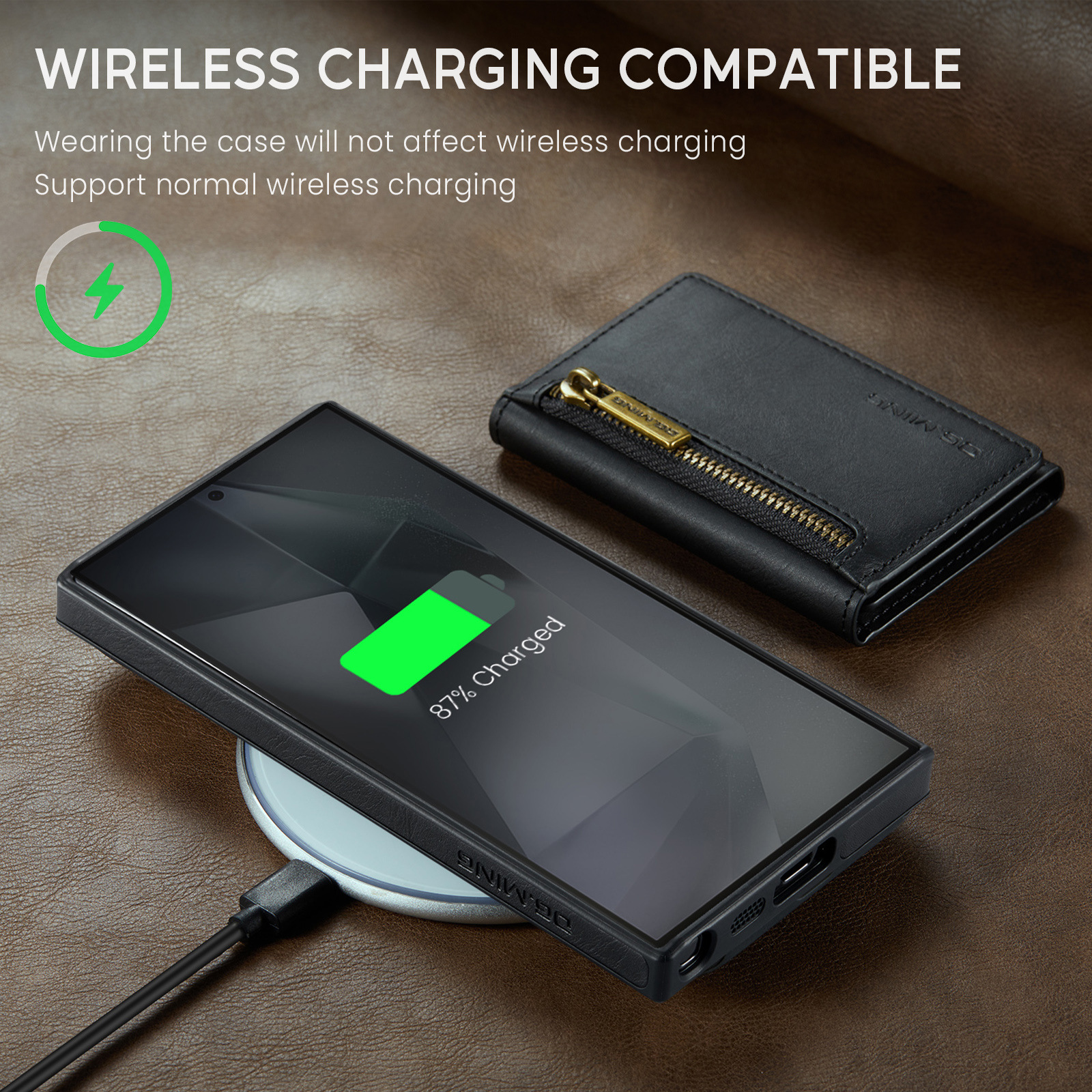 Telefono su caricabatterie wireless. Portafoglio accanto. Caricatore mostra 87% carica. Compatibile.