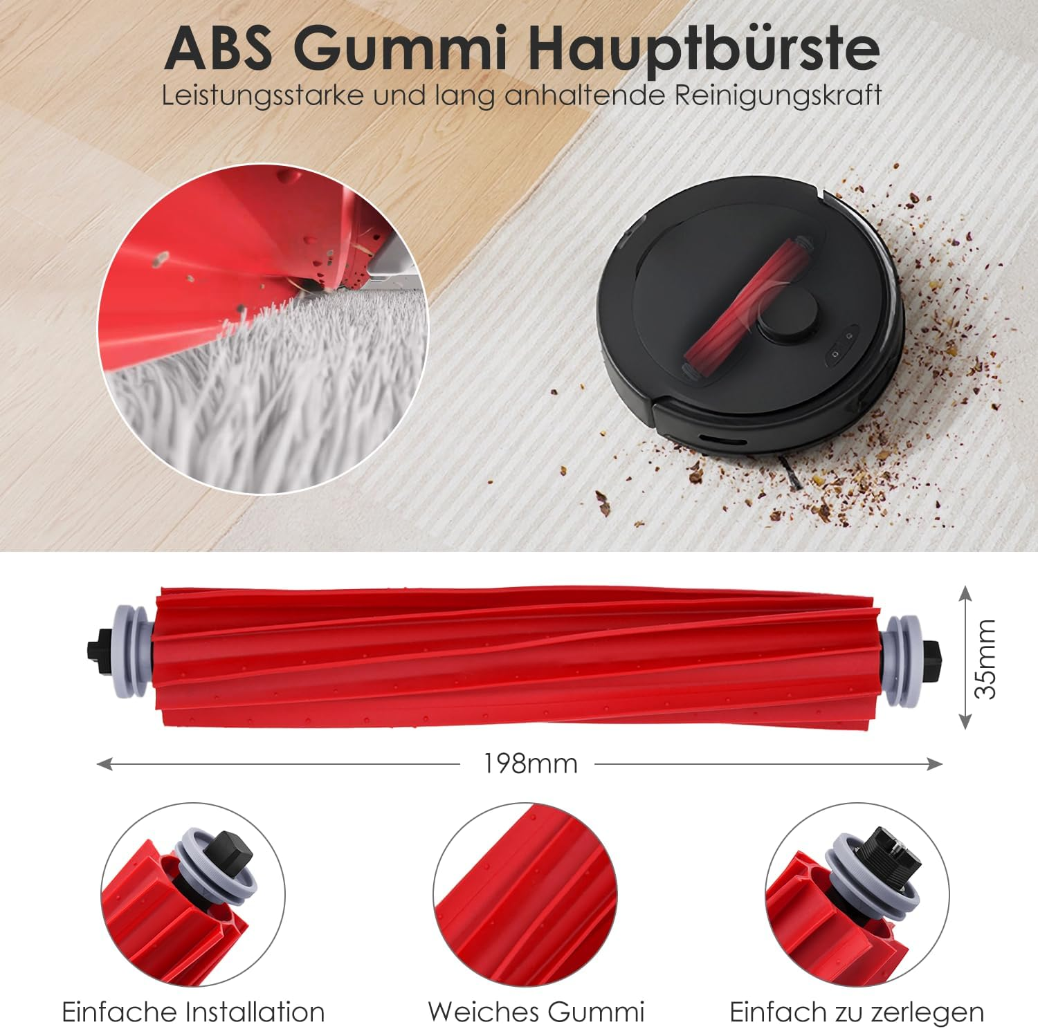 Czerwona szczotka do odkurzacza ze szczegółami czyszczenia. Zawiera odkurzacz.