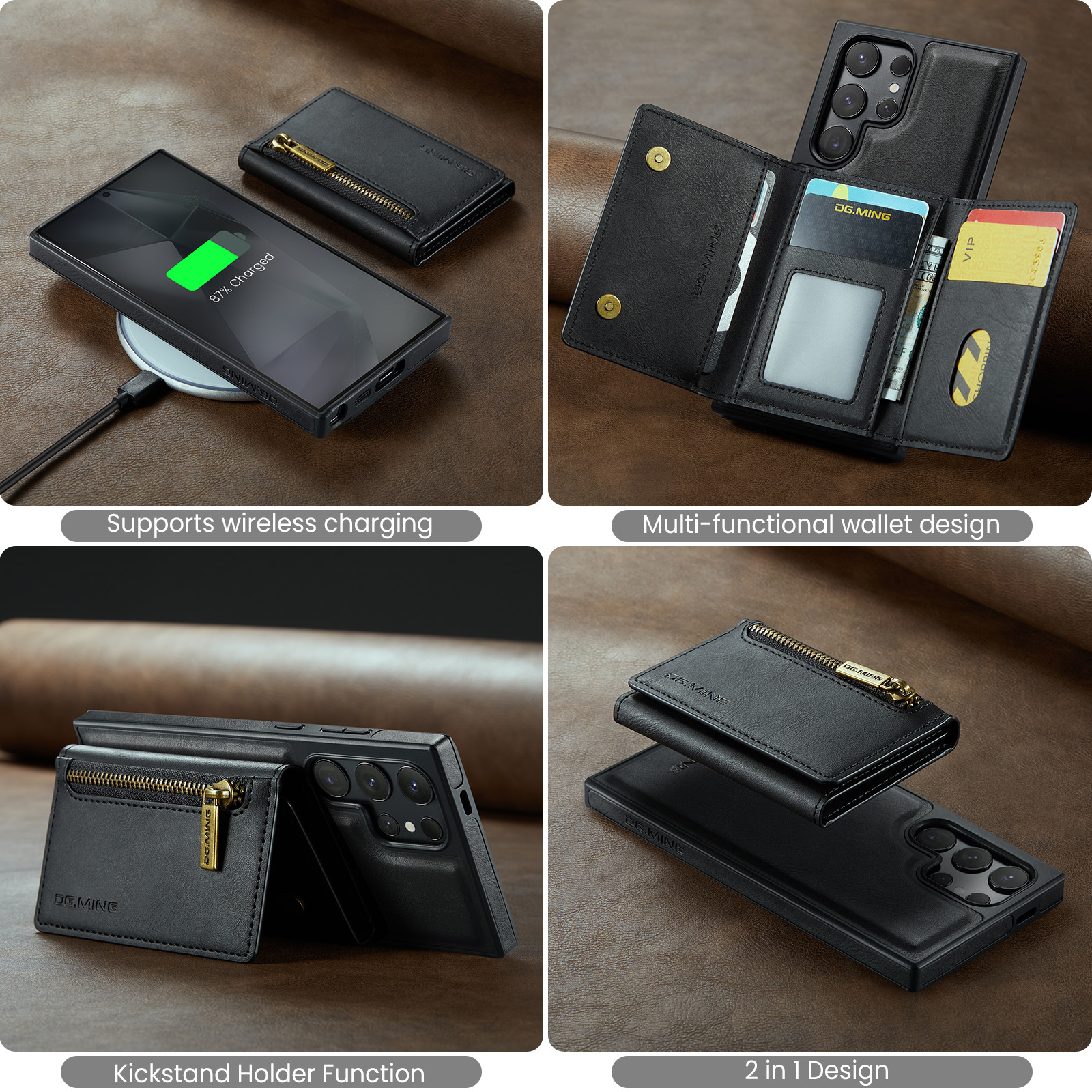 Telefono nero con portafoglio nero. Il telefono mostra l'87% di carica. Il portafoglio ha una cerniera.