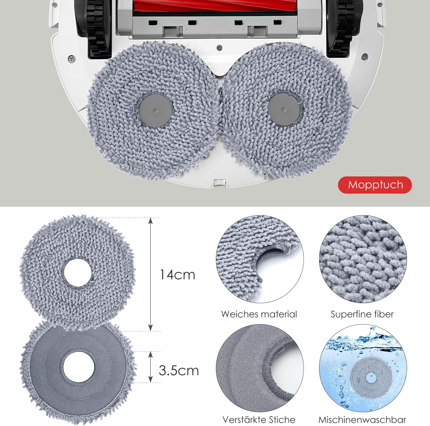Nakładki do mopa robota odkurzacza, z wymiarami i szczegółami. Białe tło.